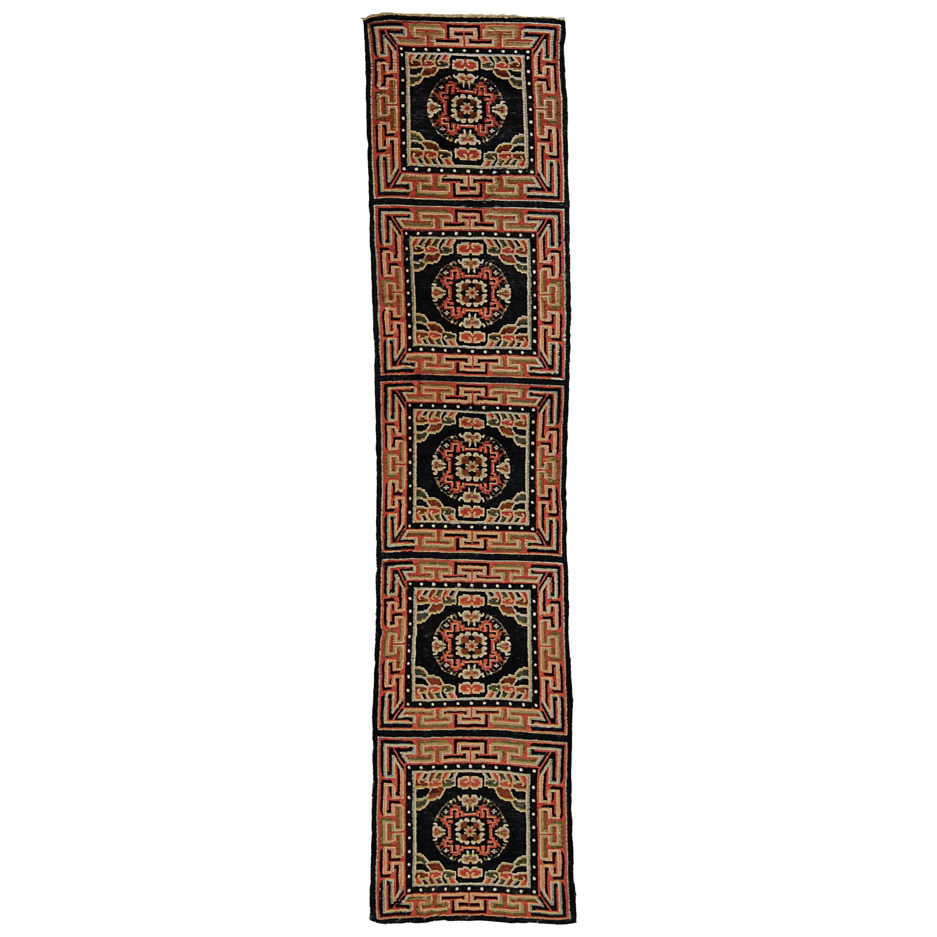 Tapis de course Kyongde bleu, orange et blanc du XIXe siècle, Tibet, Khaden en vente