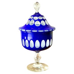 19th Century Blue Overlay and Opaline Glass Covered Drageoir