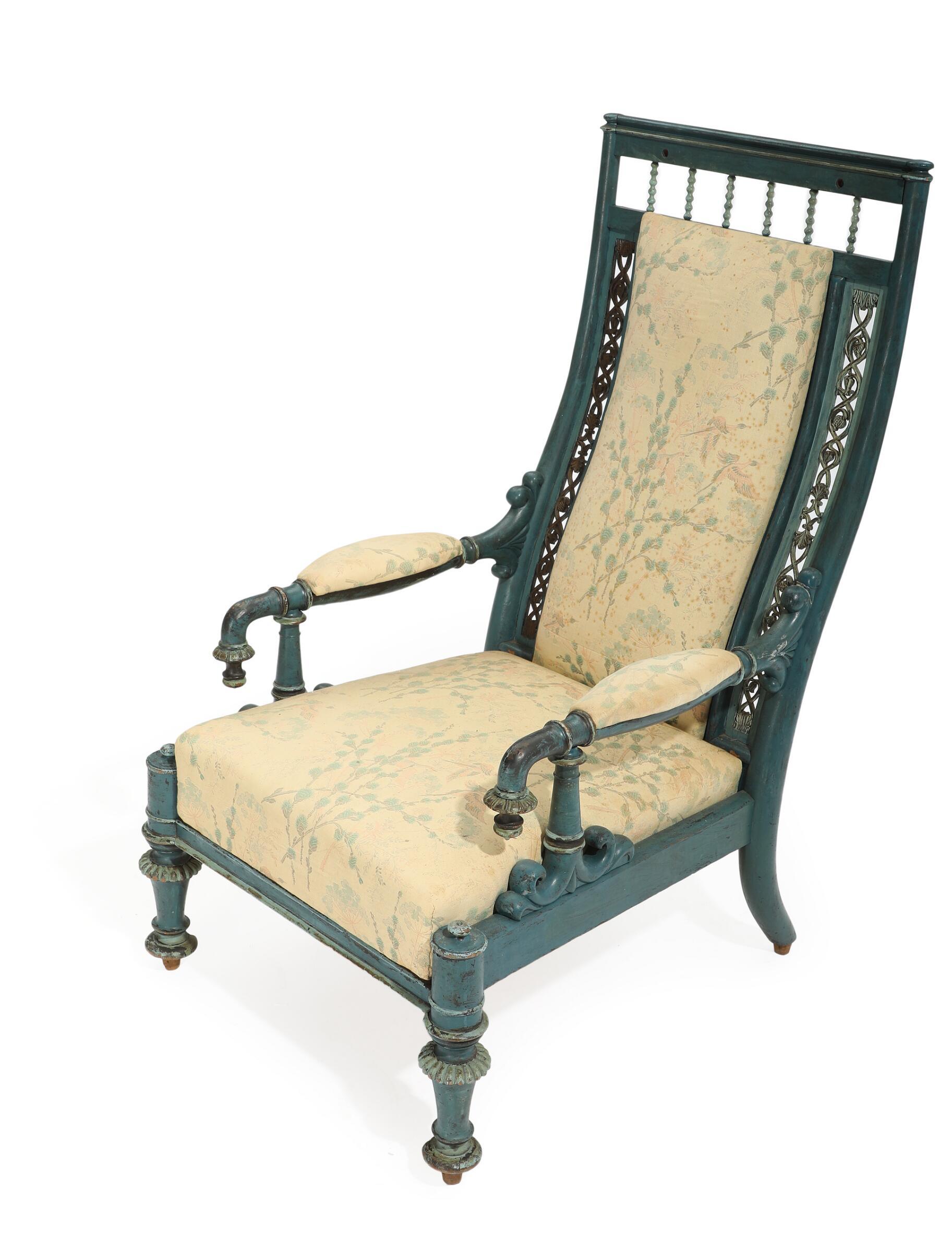 Blue-painted Bergere chair in the style of Danish architect, Gustav Friedrich Hetsch 1788-1864
The son of the German classical painter Philipp Friedrich von Hetsch (1758-1838), Gustav Friedrich Hetsch was active as an architect, designer and