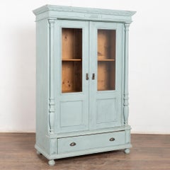 19th Century Blue Painted Pine Bookcase Cabinet with Glass Doors