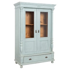 Bibliothèque en pin peint en bleu du 19e siècle avec portes en verre