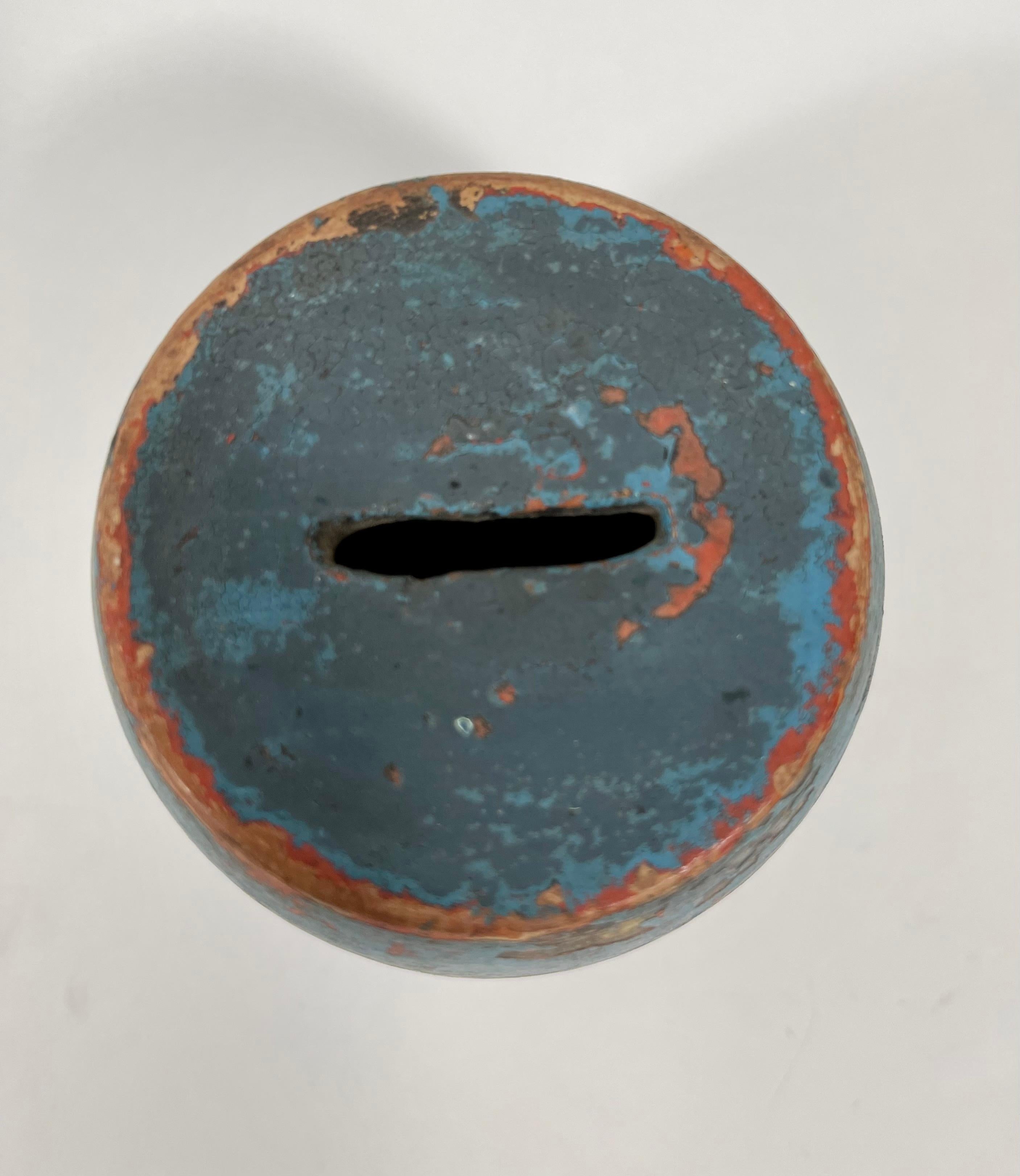 American 19th Century Blue Painted Redware Pottery Barrel Form Bank
