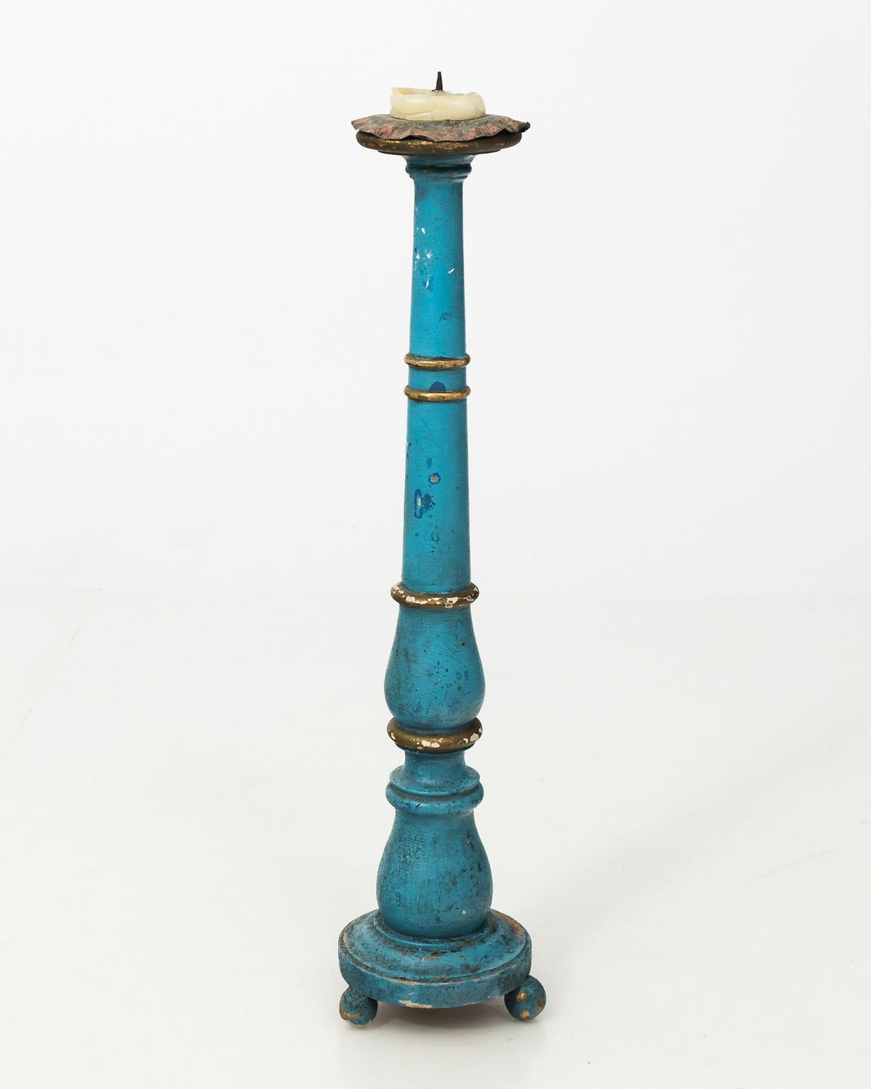 Gustavian 19th Century Blue Painted Wooden Candlesticks For Sale