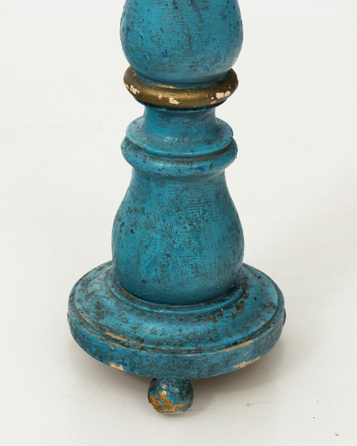 19th Century Blue Painted Wooden Candlesticks In Good Condition For Sale In Stamford, CT