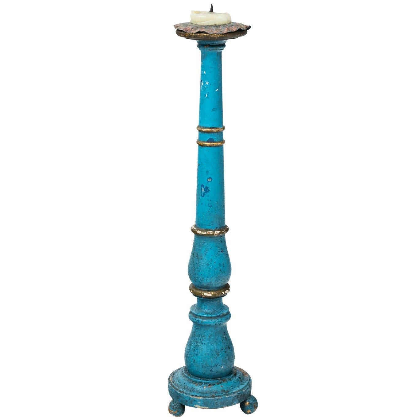 19th Century Blue Painted Wooden Candlesticks For Sale