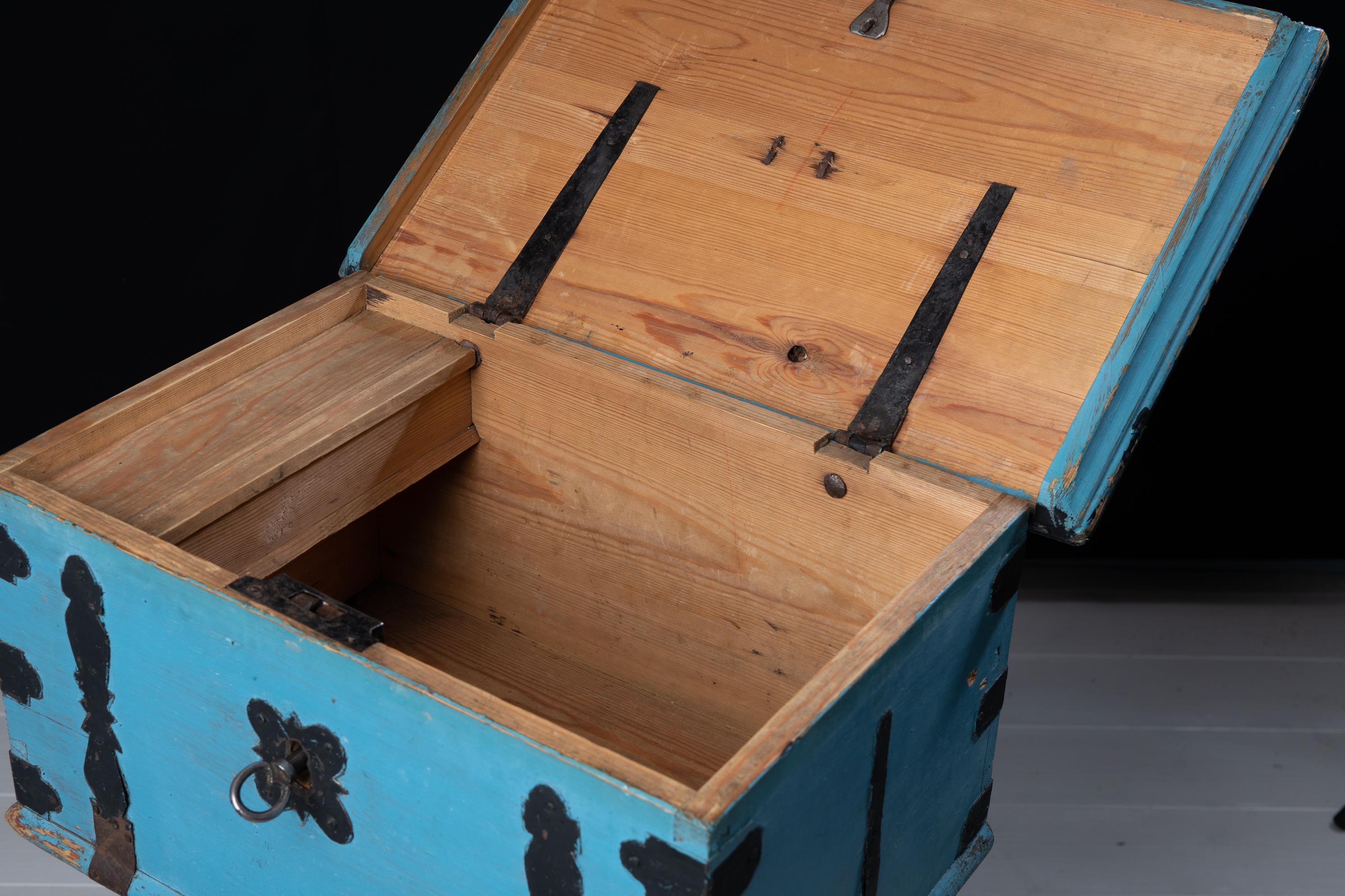 Pine 19th Century Blue Swedish Folk Art Chest or Box For Sale