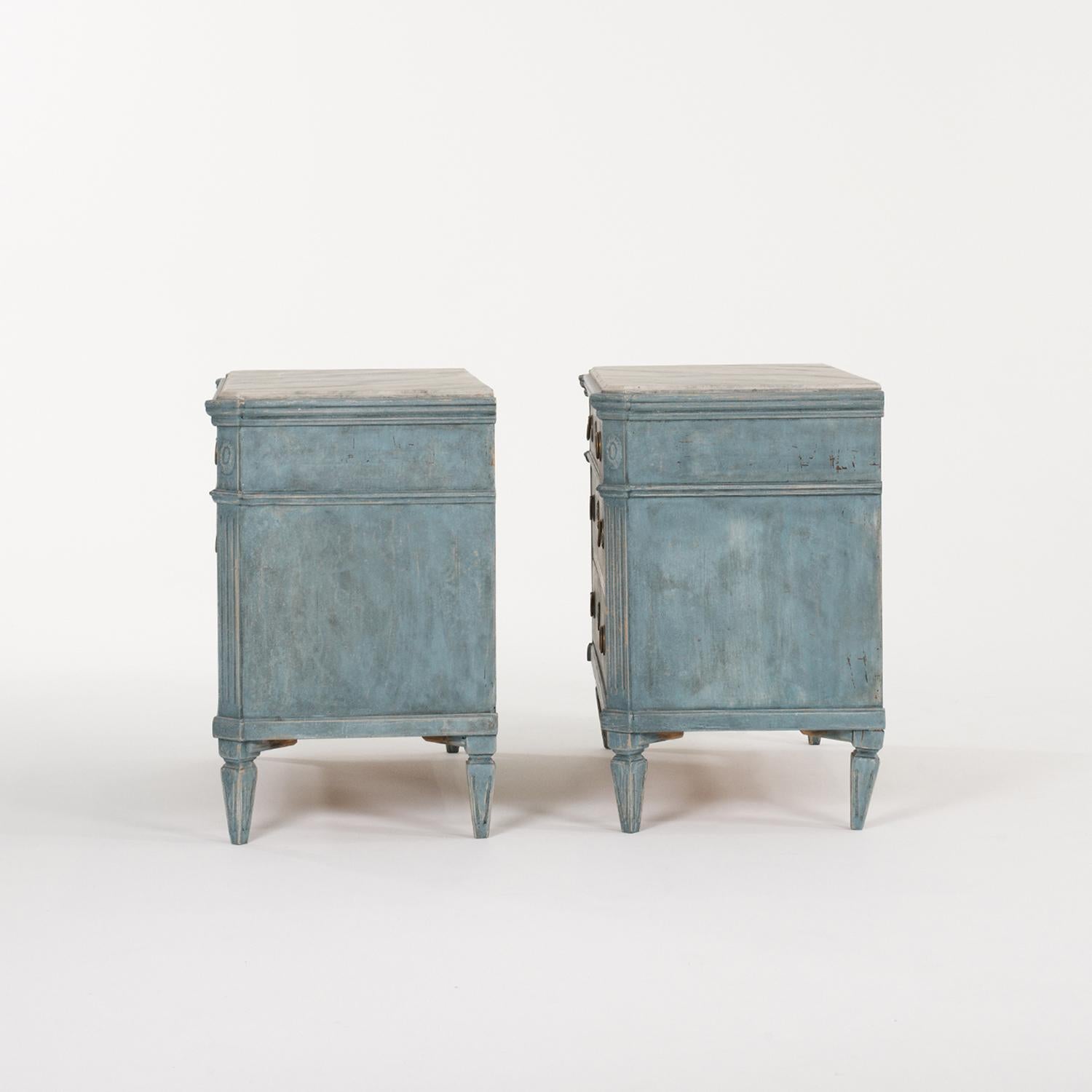 Metal 19th Century Blue Swedish Gustavian Pair of Pinewood Chest - Faux Marble Cabinet For Sale