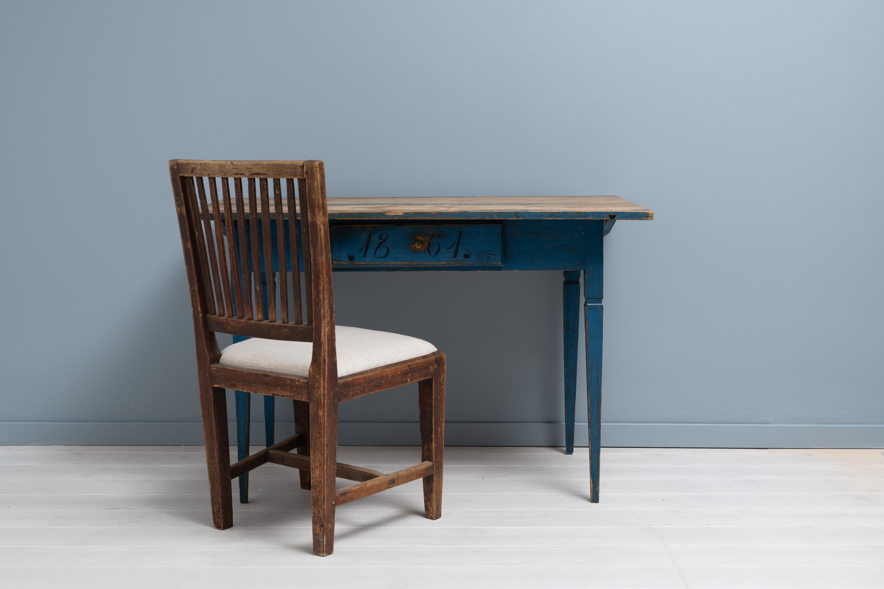 Hand-Crafted Genuine Antique Blue Swedish Gustavian Style Country Pine Desk Table For Sale