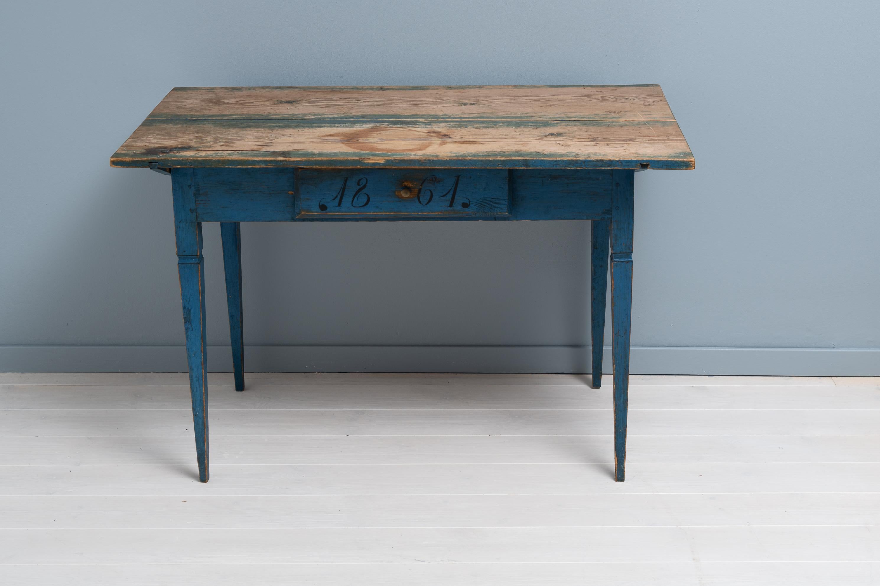 Genuine Antique Blue Swedish Gustavian Style Country Pine Desk Table For Sale 3