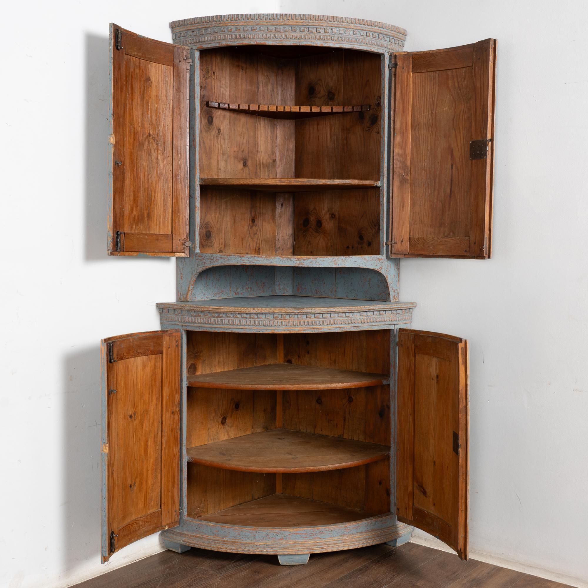 Country 19th Century Blue Swedish Pine Bow Front Corner Cabinet For Sale