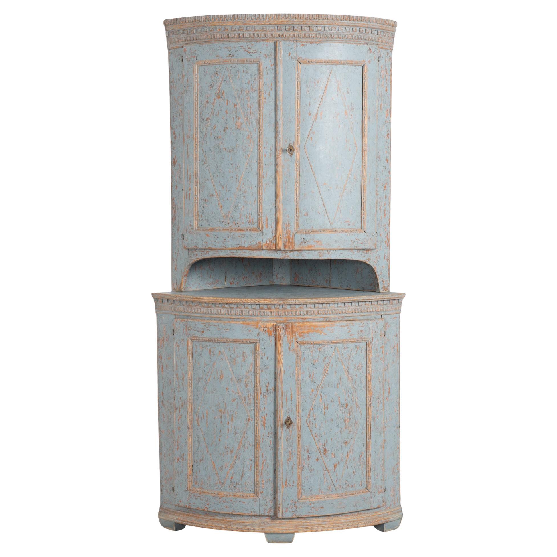 19th Century Blue Swedish Pine Bow Front Corner Cabinet For Sale