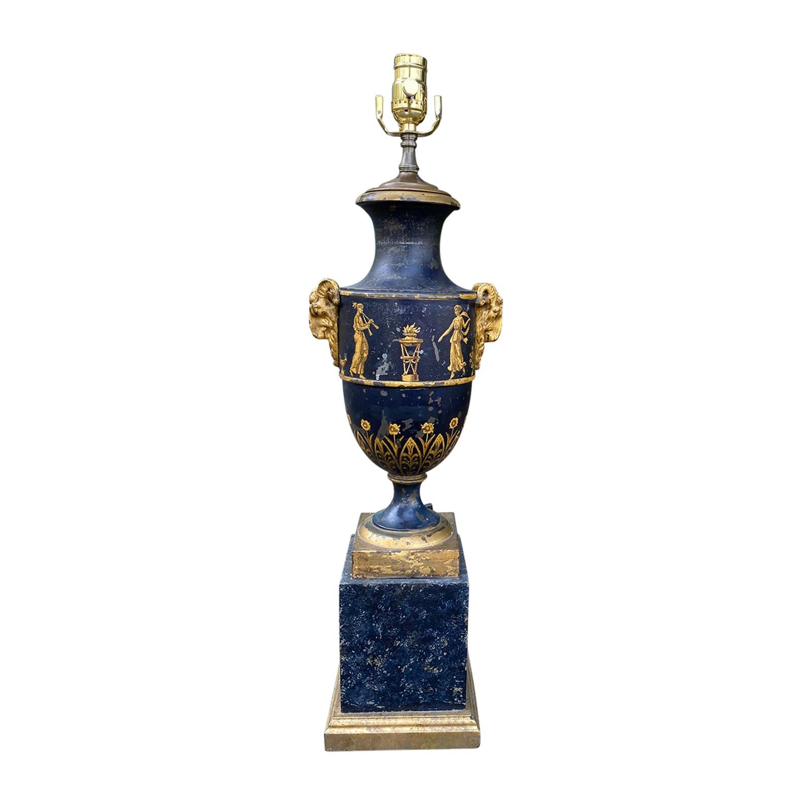 19th Century Blue Tole Lamp, Original Finish