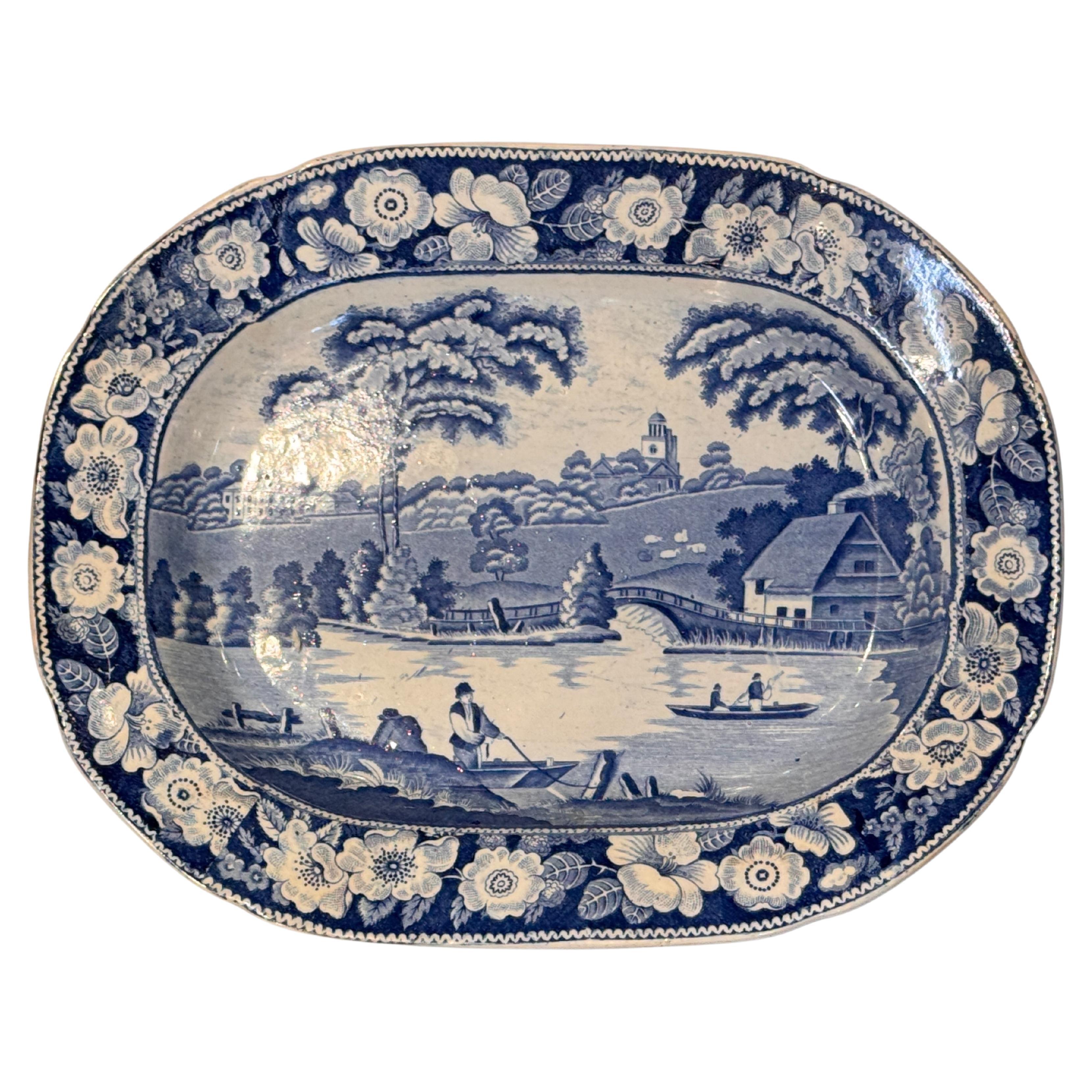 19th Century Blue Transferware Plate With Boatman Scene