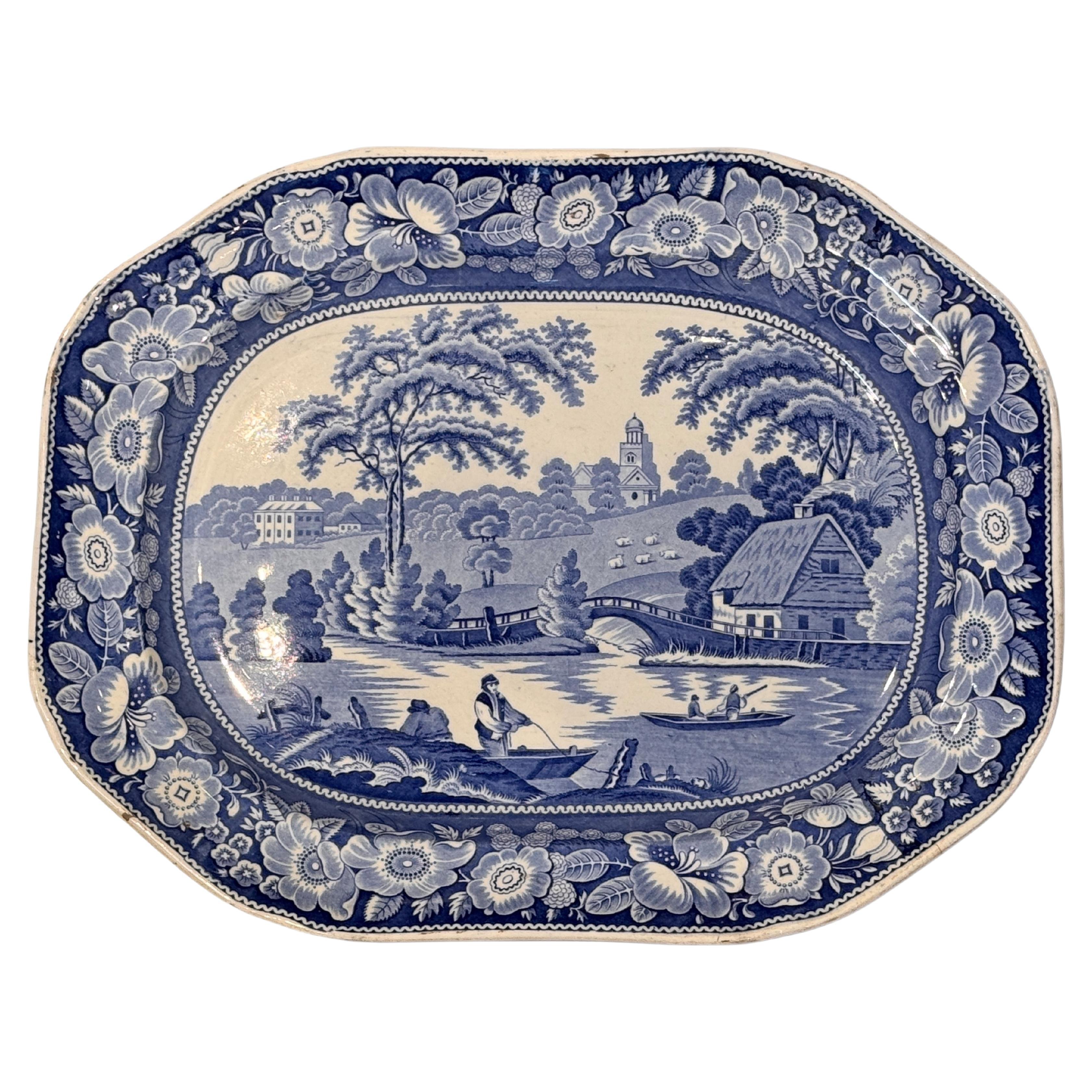 19th Century Blue Transferware Platter, Boatman Pattern