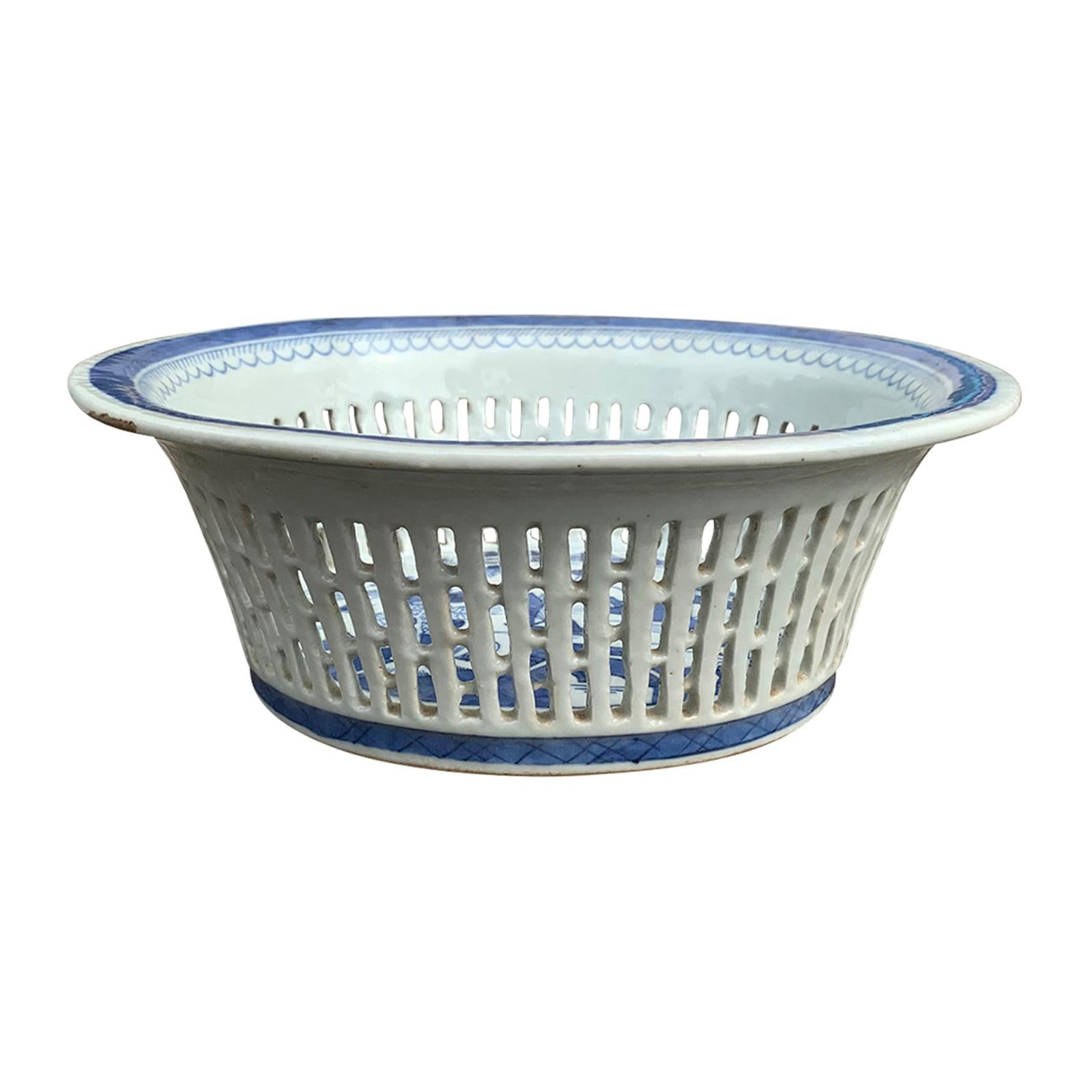 19th Century Blue and White Canton Ware Chestnut Bowl For Sale