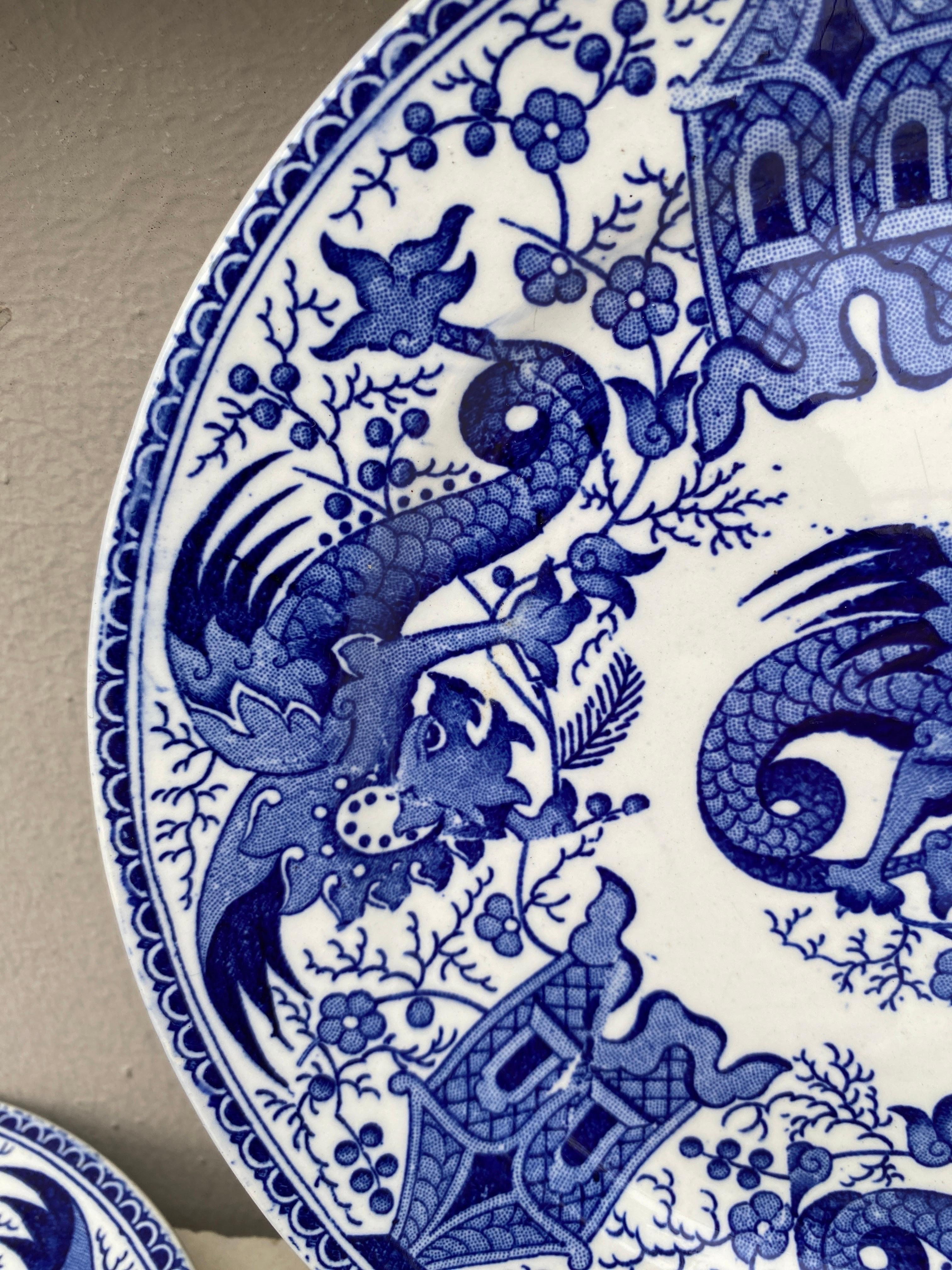 Chinoiserie 19th Century Blue & White Dessert Plate Dragon Sarreguemines For Sale