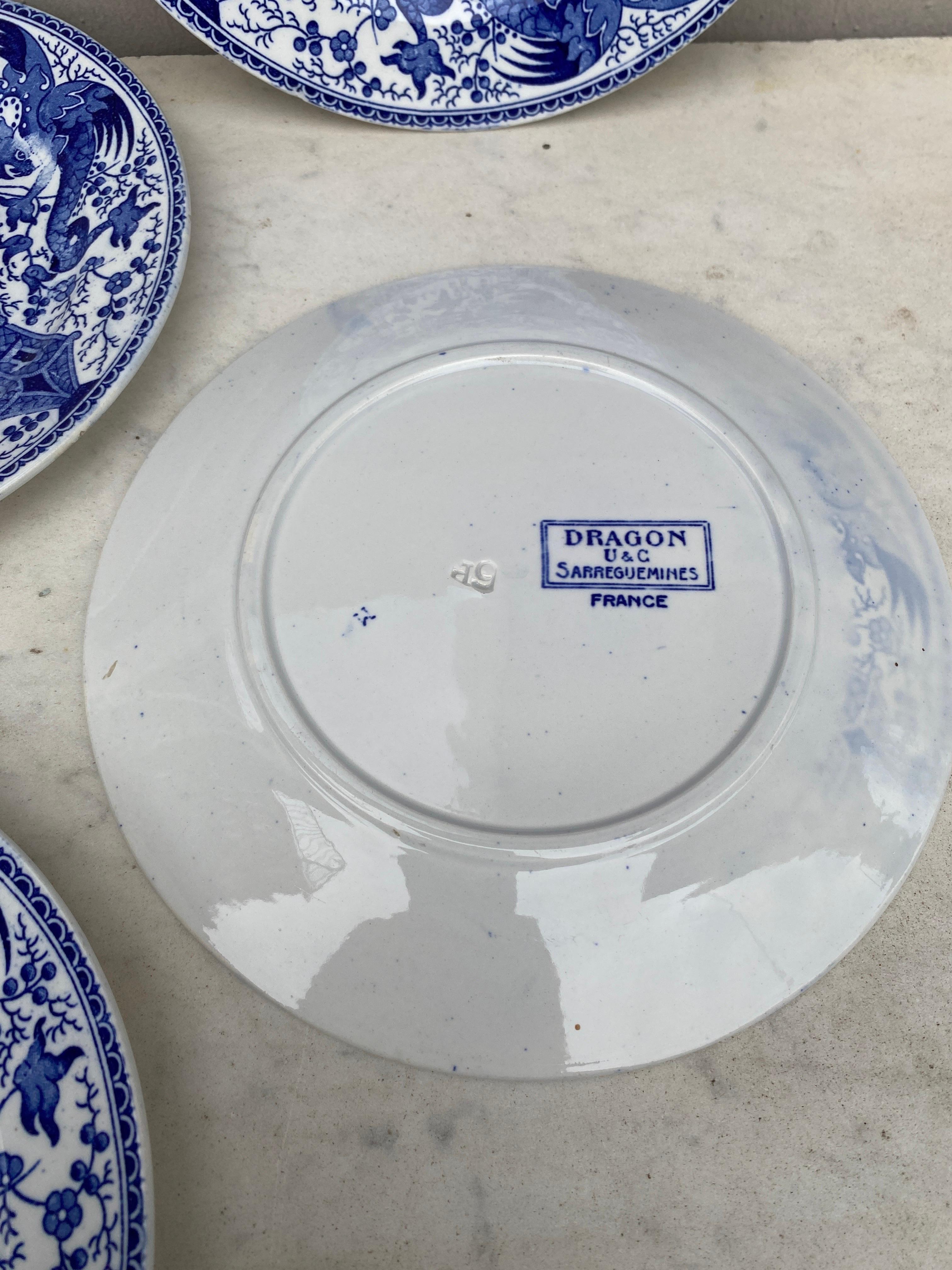 19th Century Blue & White Dessert Plate Dragon Sarreguemines In Good Condition For Sale In Austin, TX