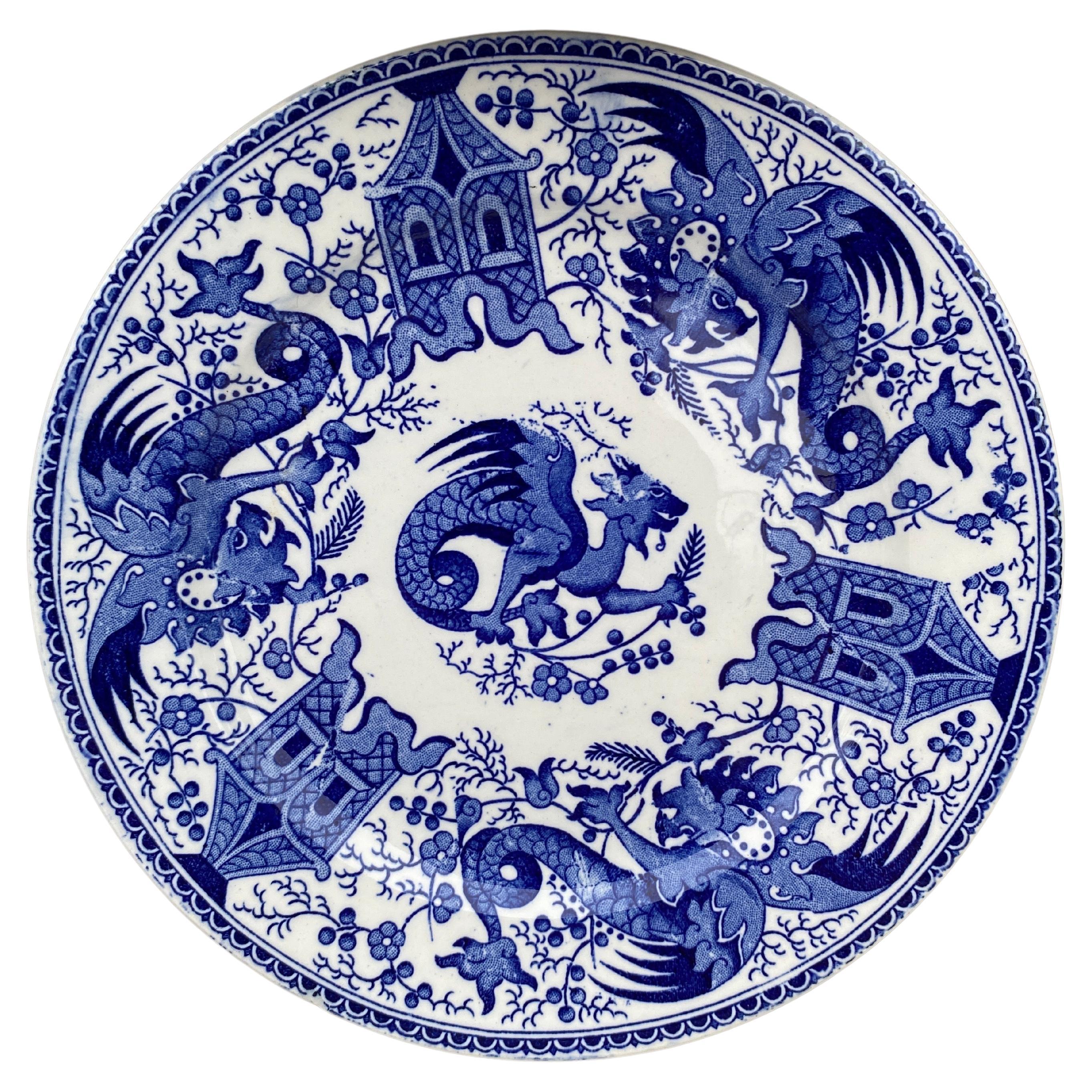 19th Century Blue & White Dessert Plate Dragon Sarreguemines For Sale