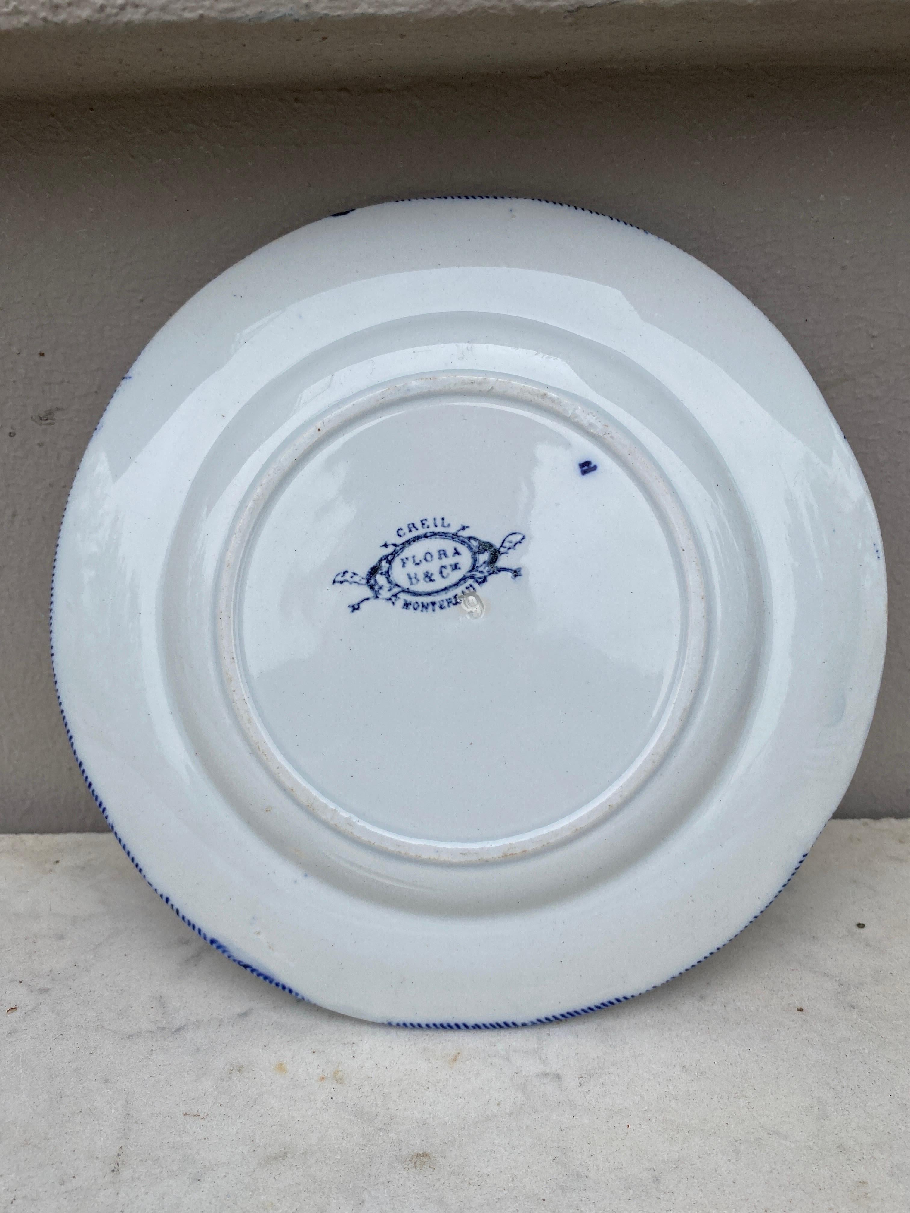 Victorian 19th Century Blue & White Dessert Plate Flora Creil & Montereau For Sale