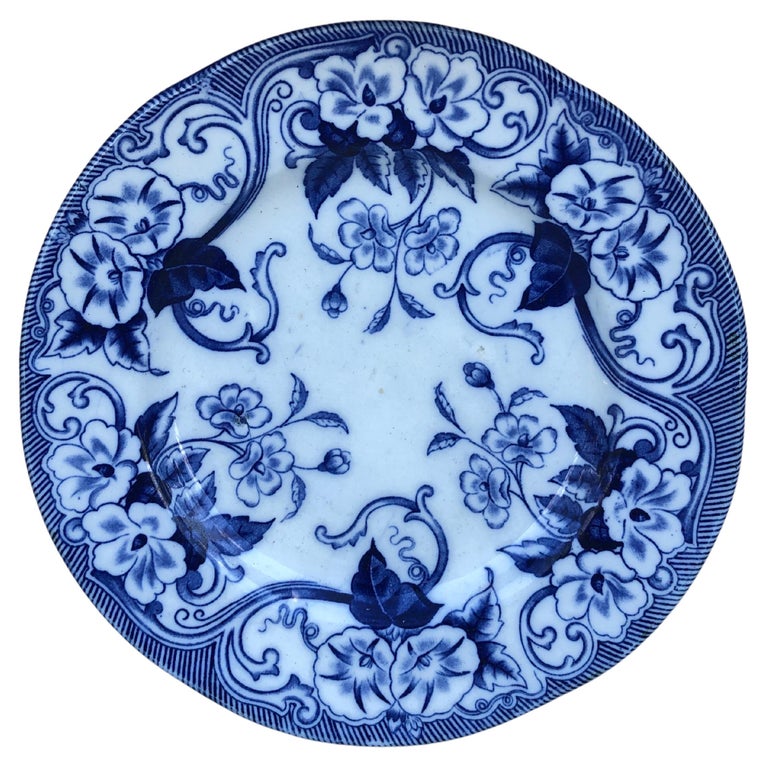 19th Century Blue & White Dessert Plate Flora Creil & Montereau For Sale