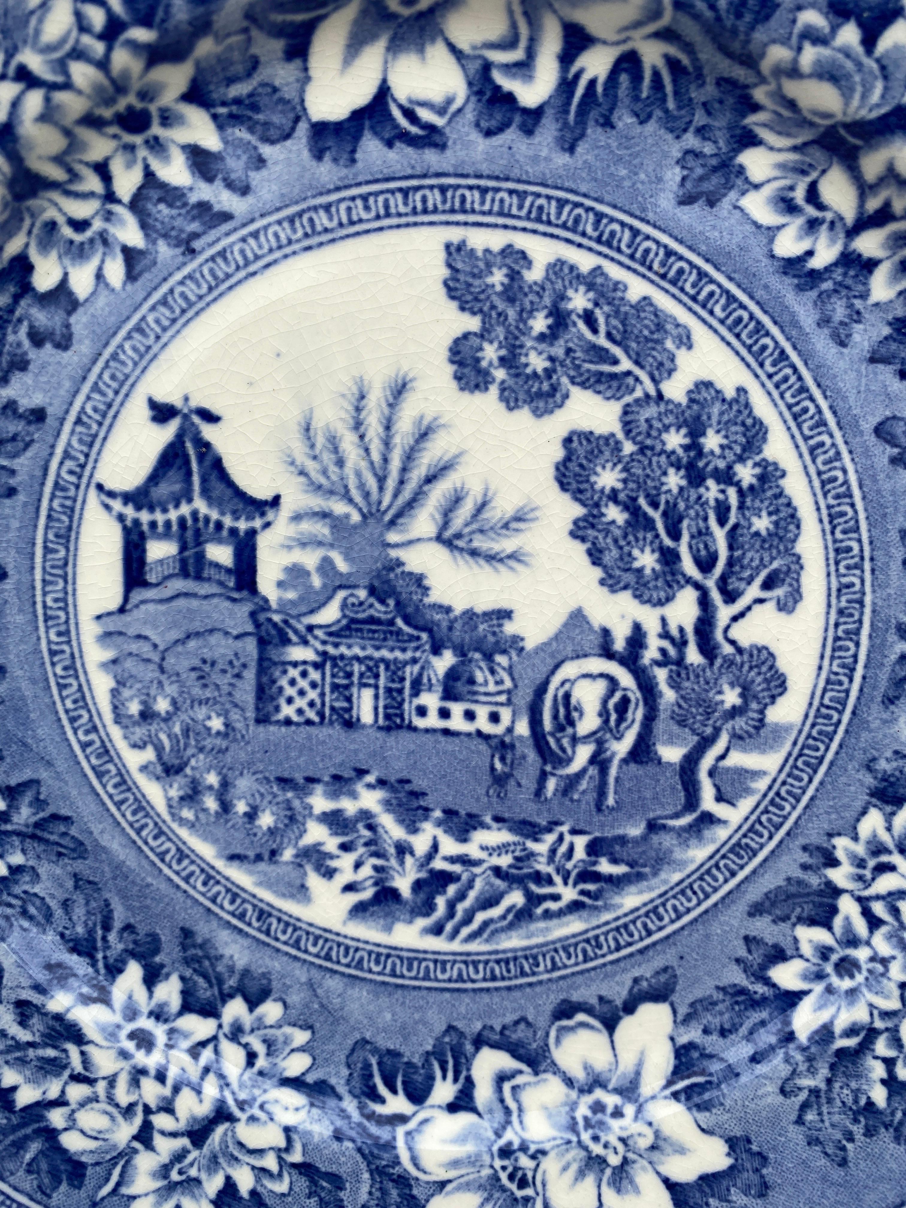 British 19th Century Blue & White Elephant Plate Chinoiserie Pagoda Burslem For Sale
