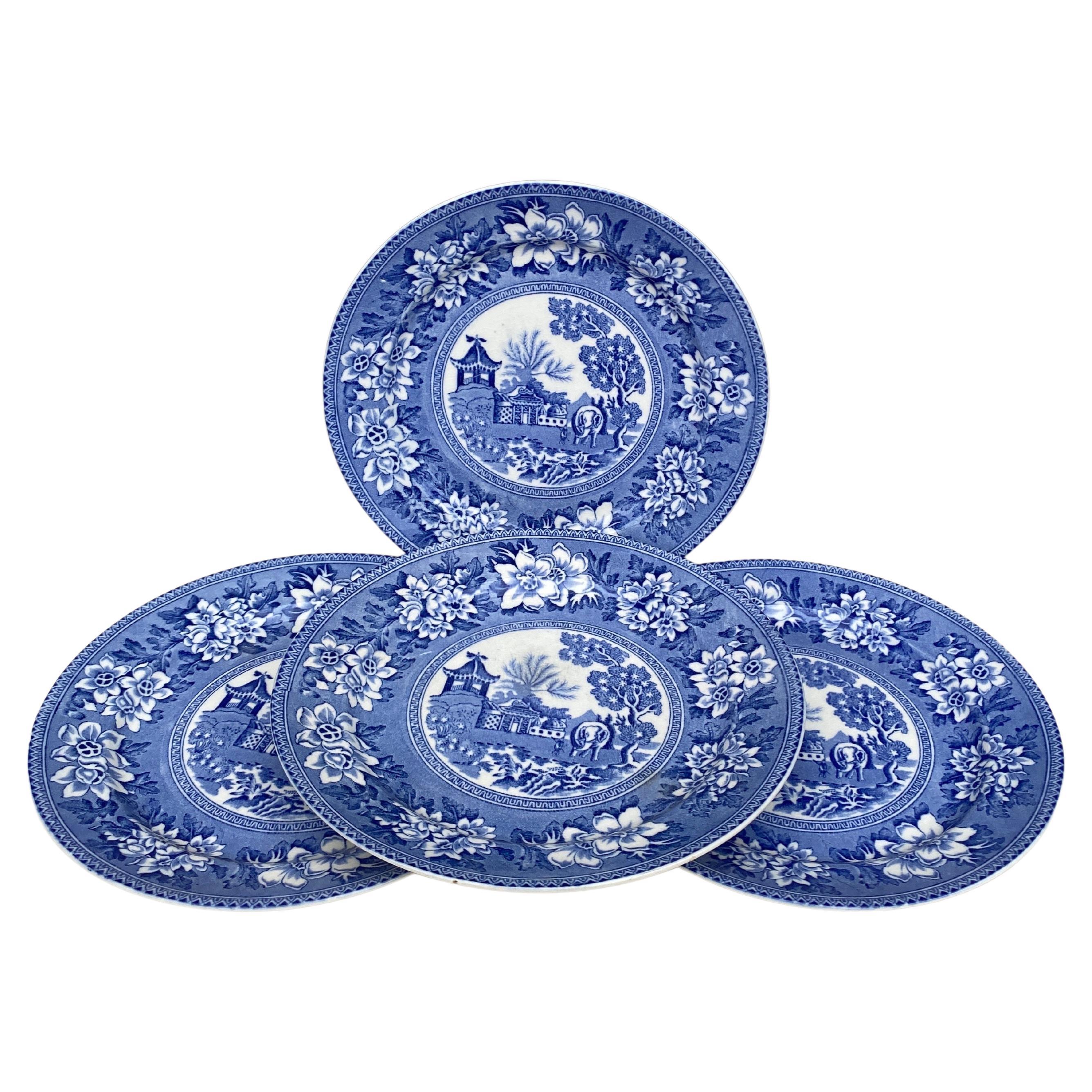 19th Century Blue & White Elephant Plate Chinoiserie Pagoda Burslem In Good Condition For Sale In Austin, TX