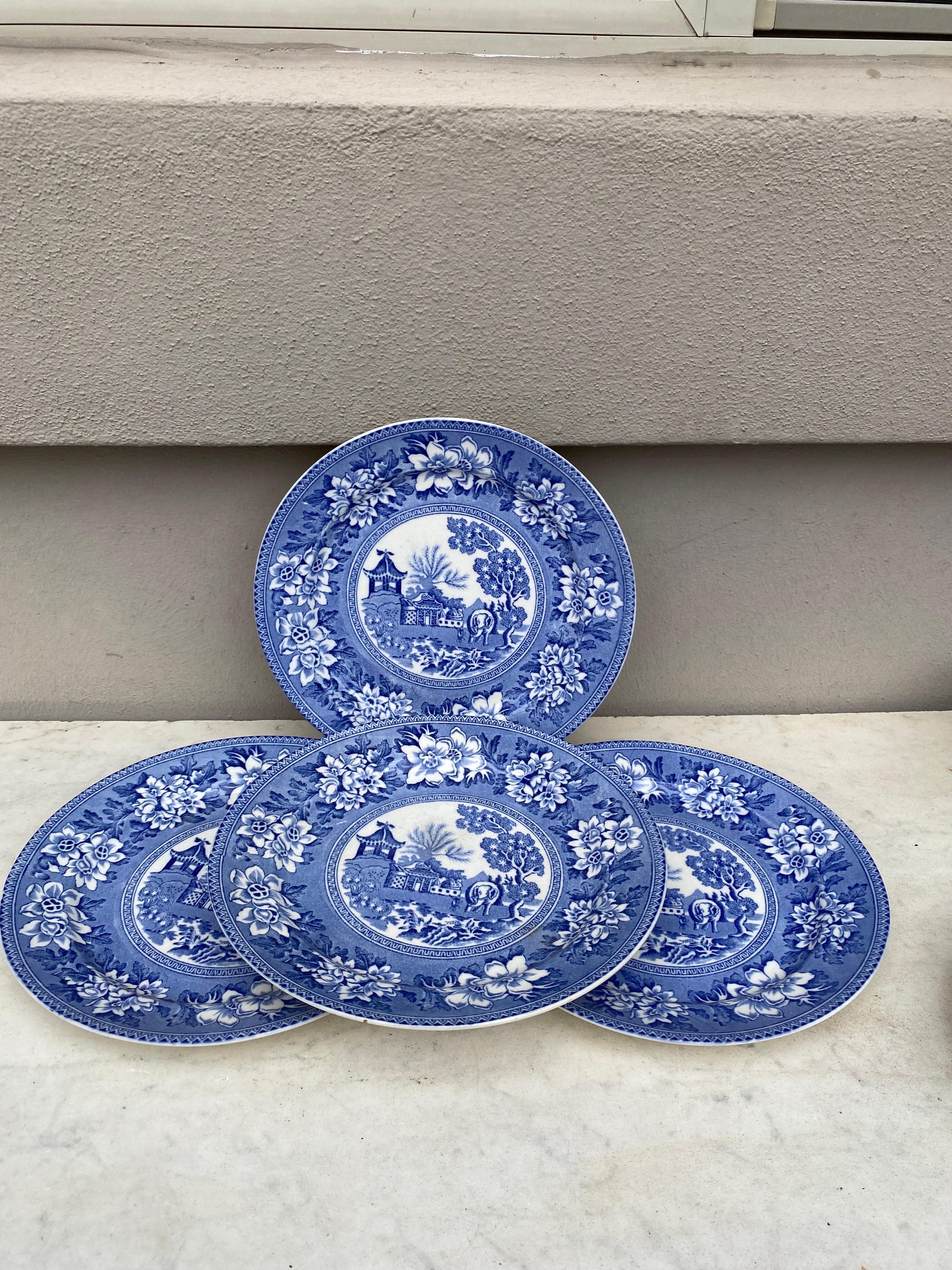 Late 19th Century 19th Century Blue & White Elephant Plate Chinoiserie Pagoda Burslem For Sale
