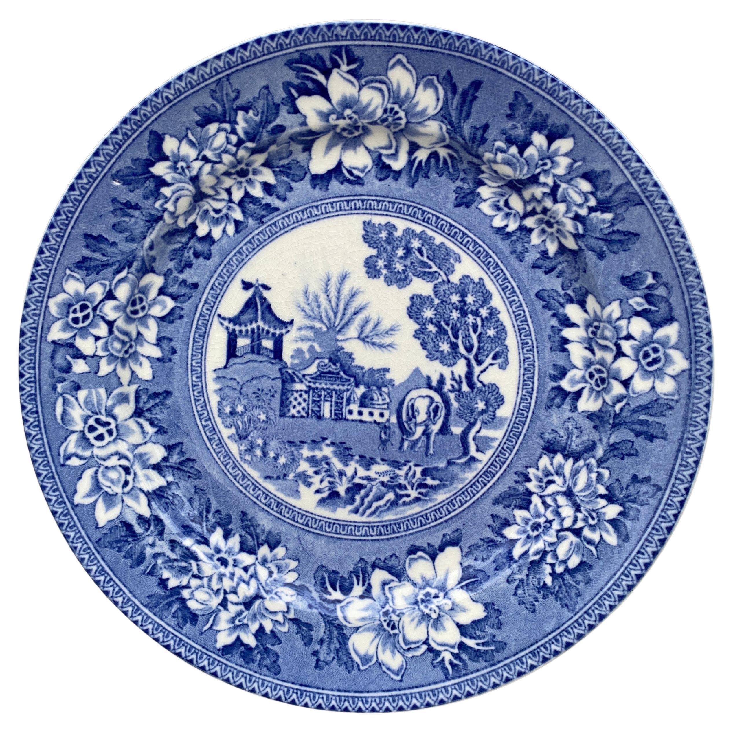 19th Century Blue & White Elephant Plate Chinoiserie Pagoda Burslem For Sale