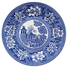 19th Century Blue & White Elephant Plate Chinoiserie Pagoda Burslem