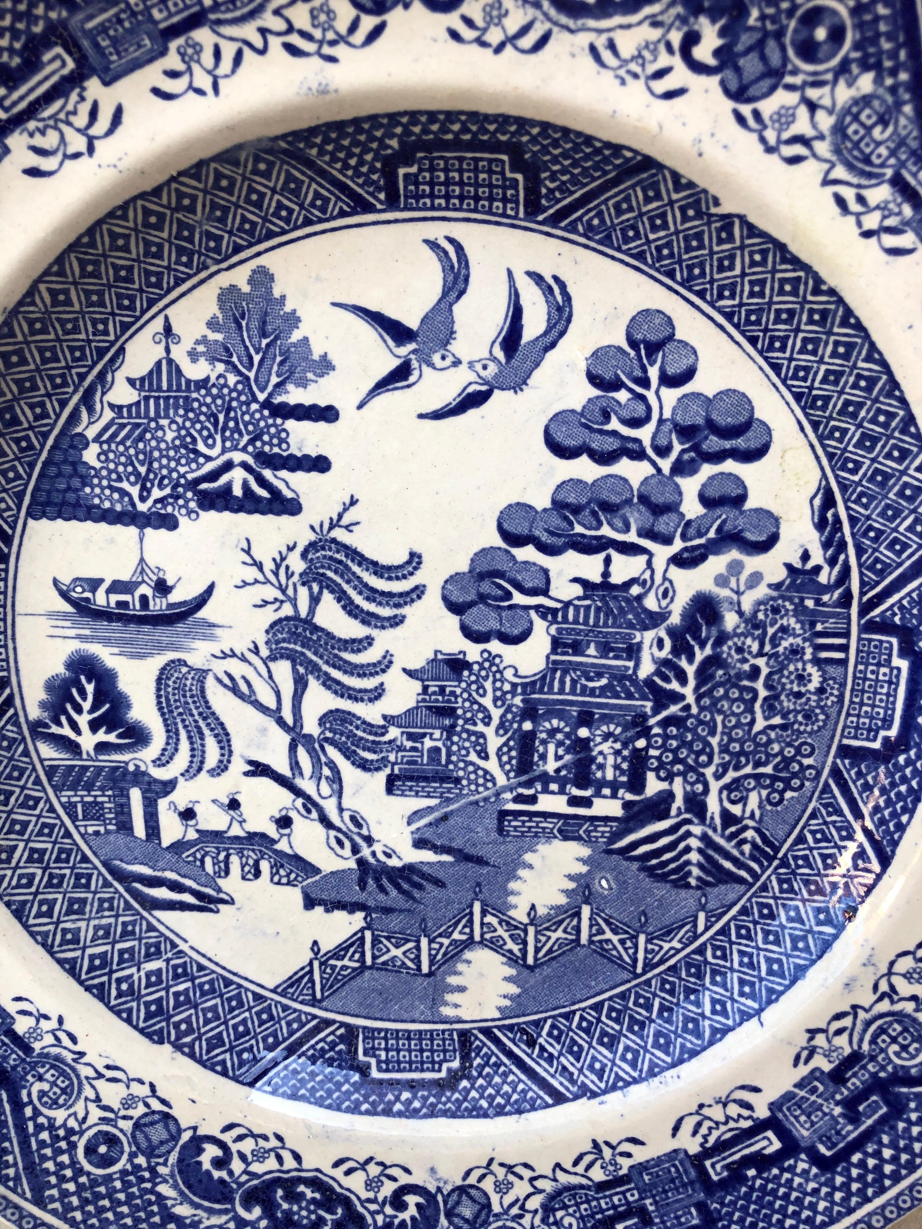 19th Century blue & white english willow plate signed Stone China D&S Staffordshire.