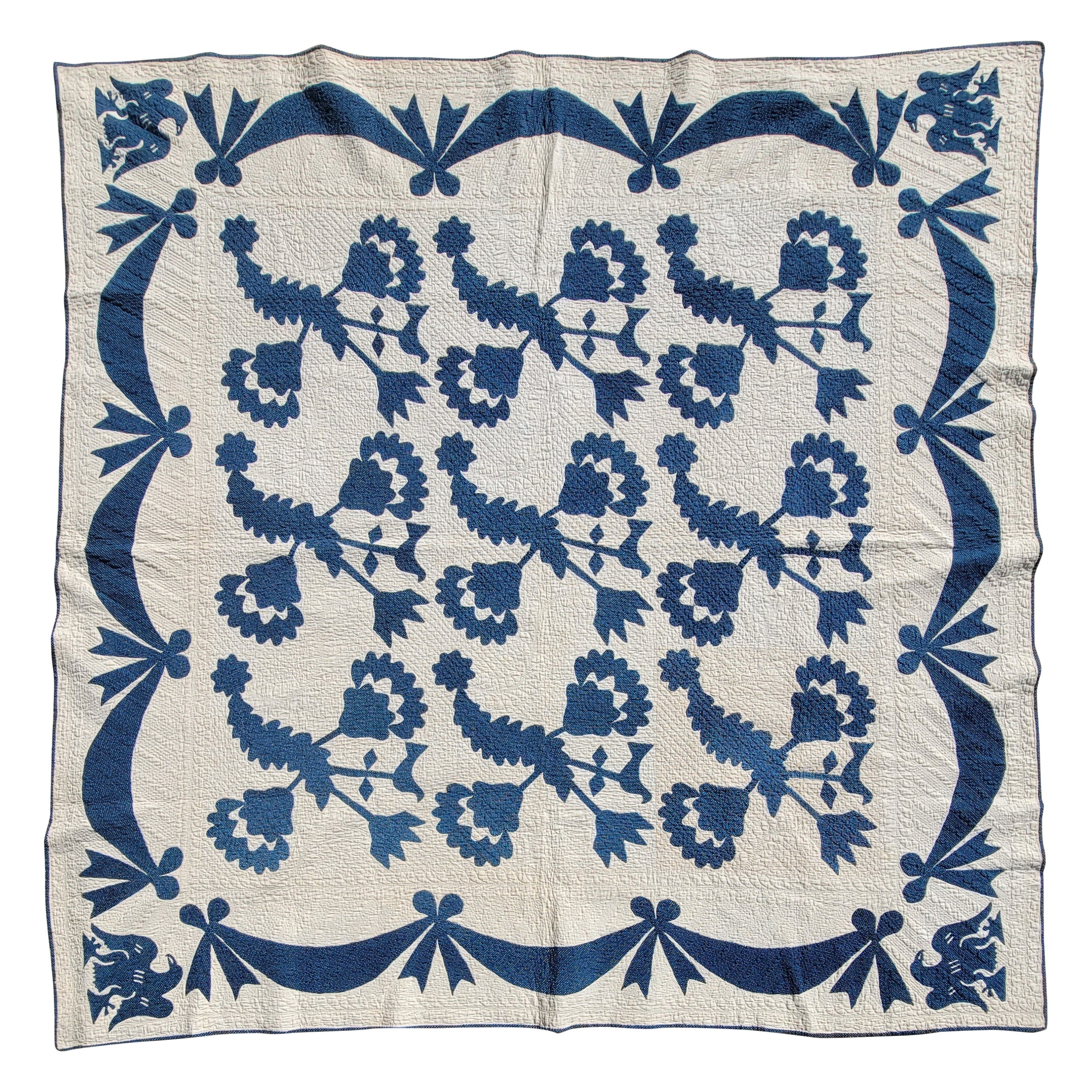 19th Century Blue 
White Floral 
Birds Applique Quilt