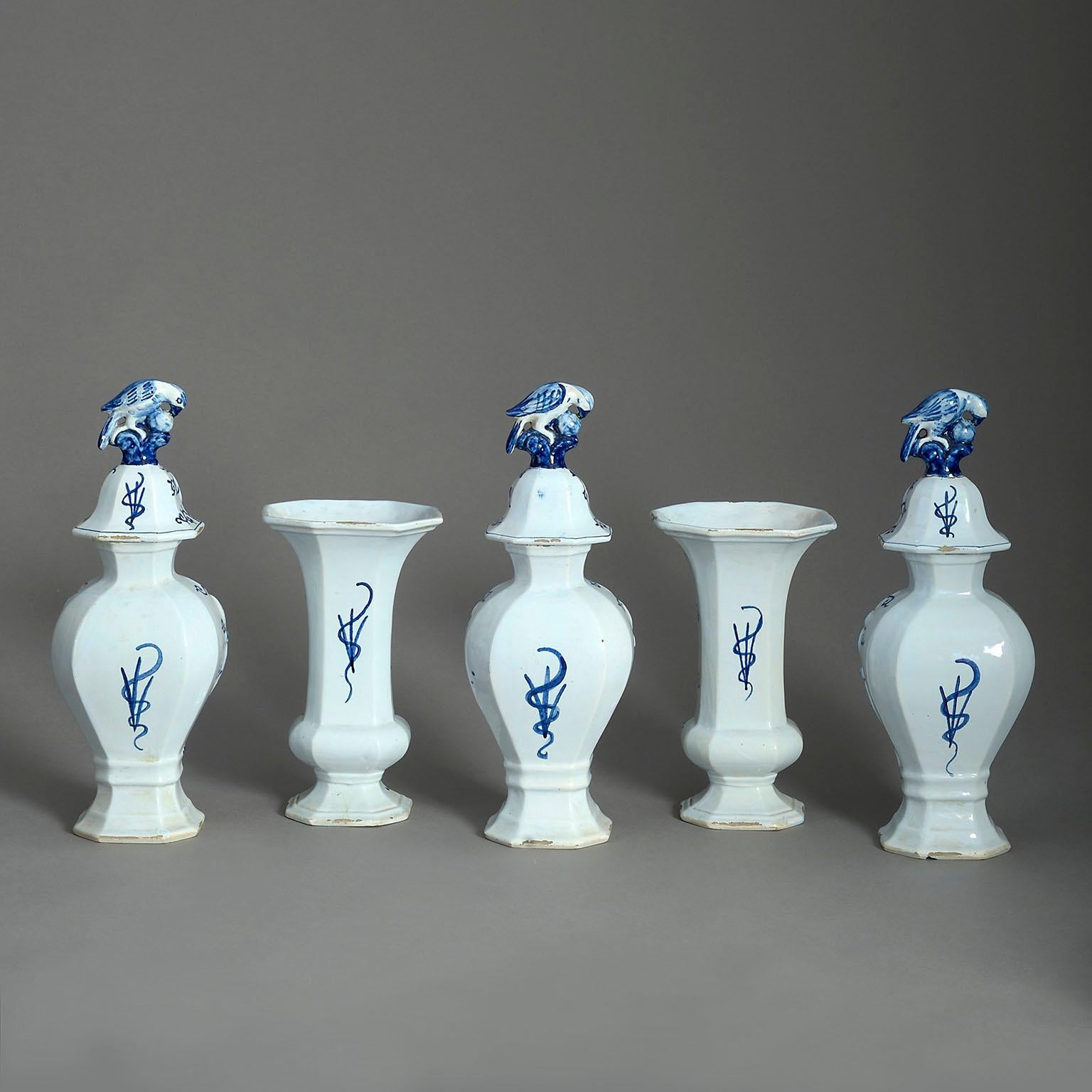 Rococo Revival 19th Century Blue & White Glazed Delft Pottery Garniture of Five Vases