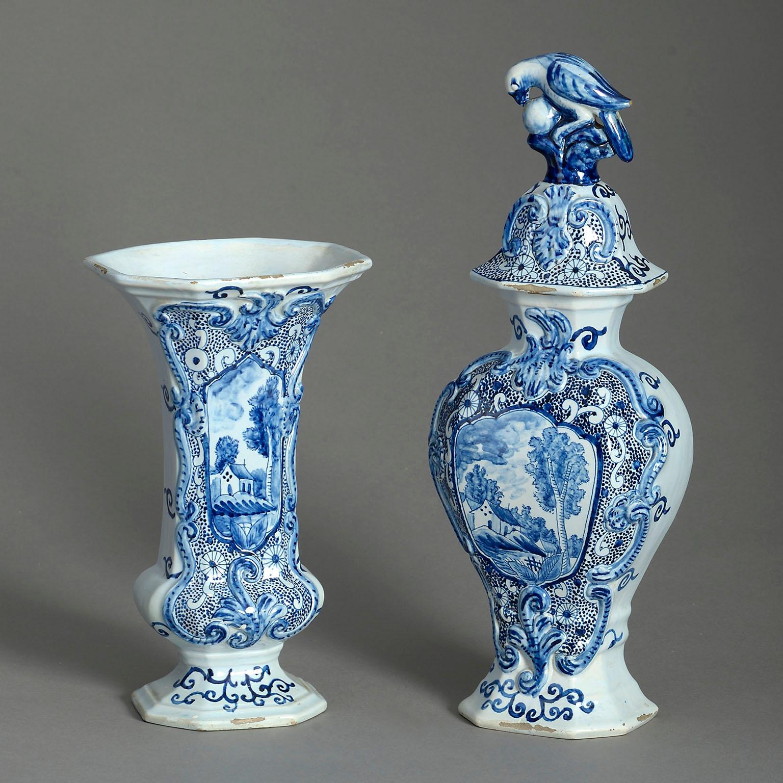 Dutch 19th Century Blue & White Glazed Delft Pottery Garniture of Five Vases