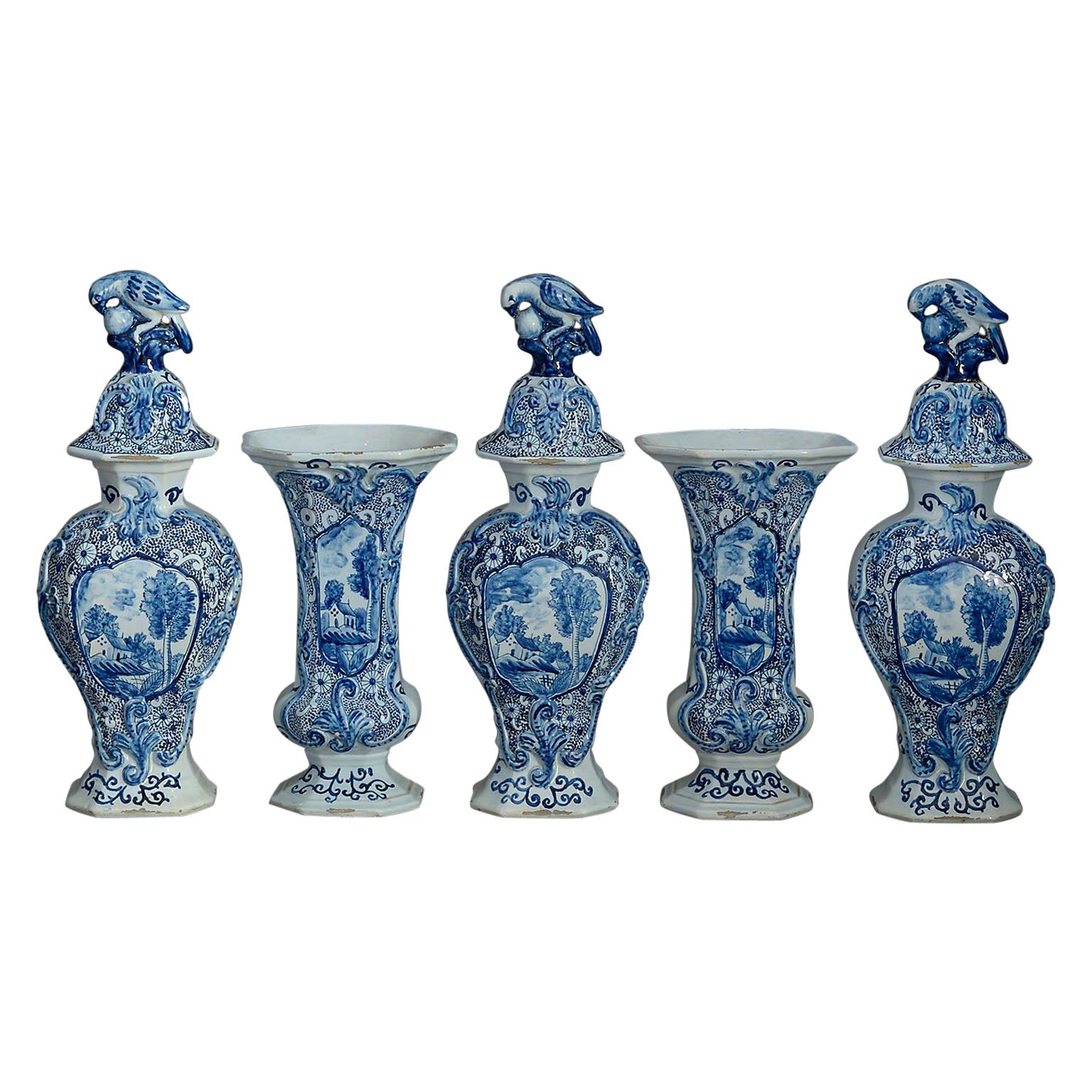 19th Century Blue & White Glazed Delft Pottery Garniture of Five Vases