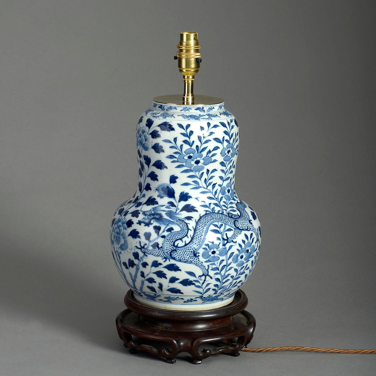 Chinese Export 19th Century Blue & White Glazed Porcelain Gourd Dragon Vase Lamp