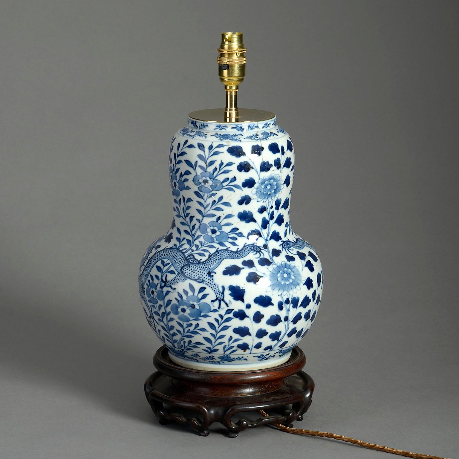 Chinese 19th Century Blue & White Glazed Porcelain Gourd Dragon Vase Lamp