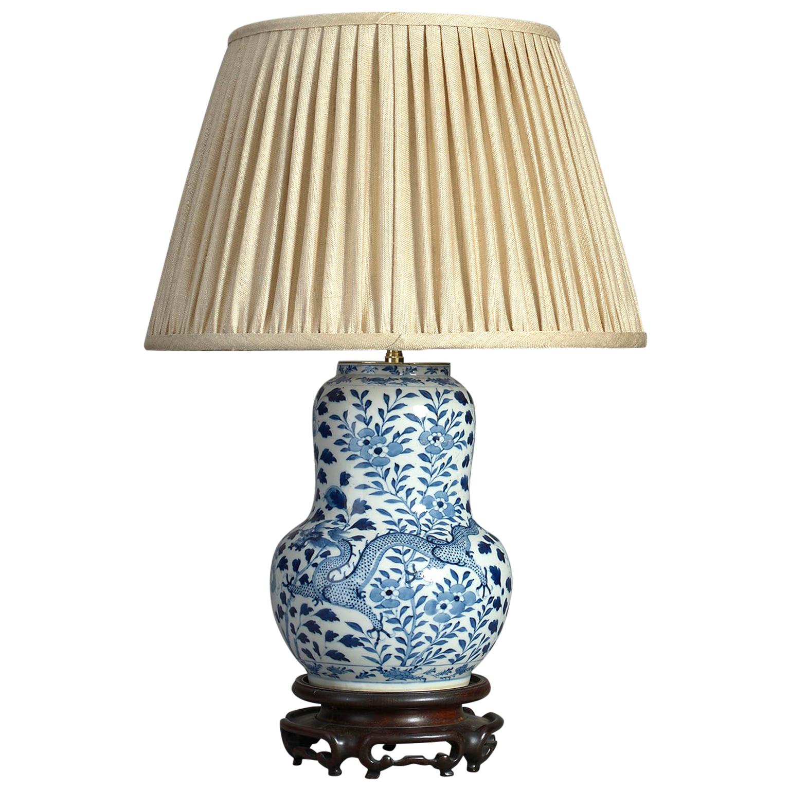 19th Century Blue & White Glazed Porcelain Gourd Dragon Vase Lamp