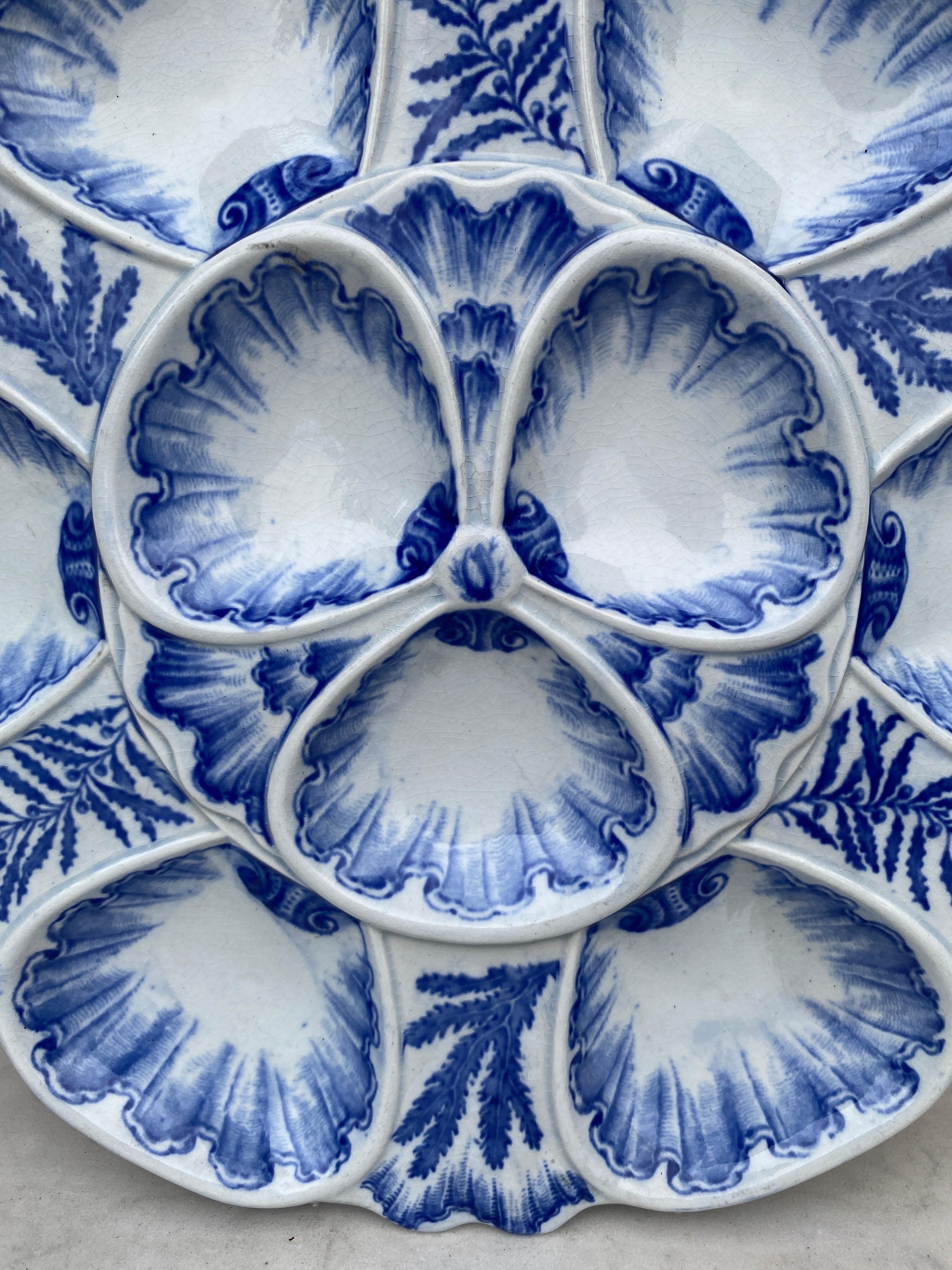 Victorian 19th Century Blue & White Majolica Oyster Plate Vieillard Bordeaux