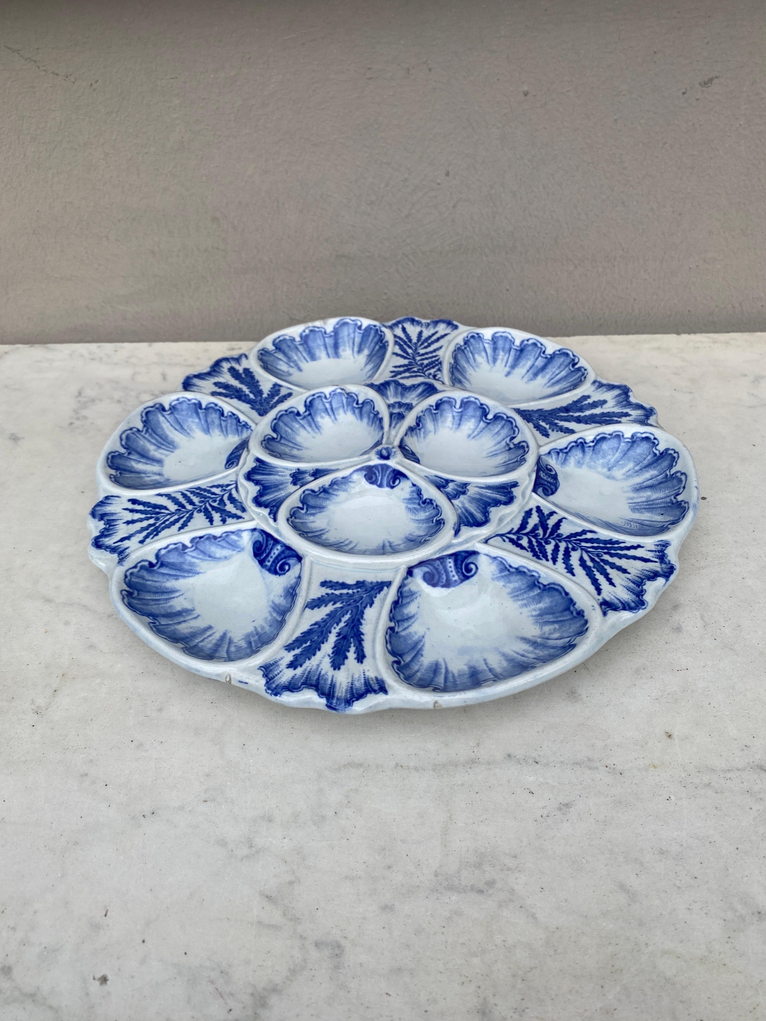 French 19th Century Blue & White Majolica Oyster Plate Vieillard Bordeaux