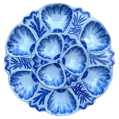 Antique 19th Century Blue & White Majolica Oyster Plate Vieillard Bordeaux