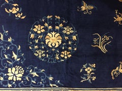 19th Century Blue White Medallion with Animals Wool Chinese Rug, circa 1870