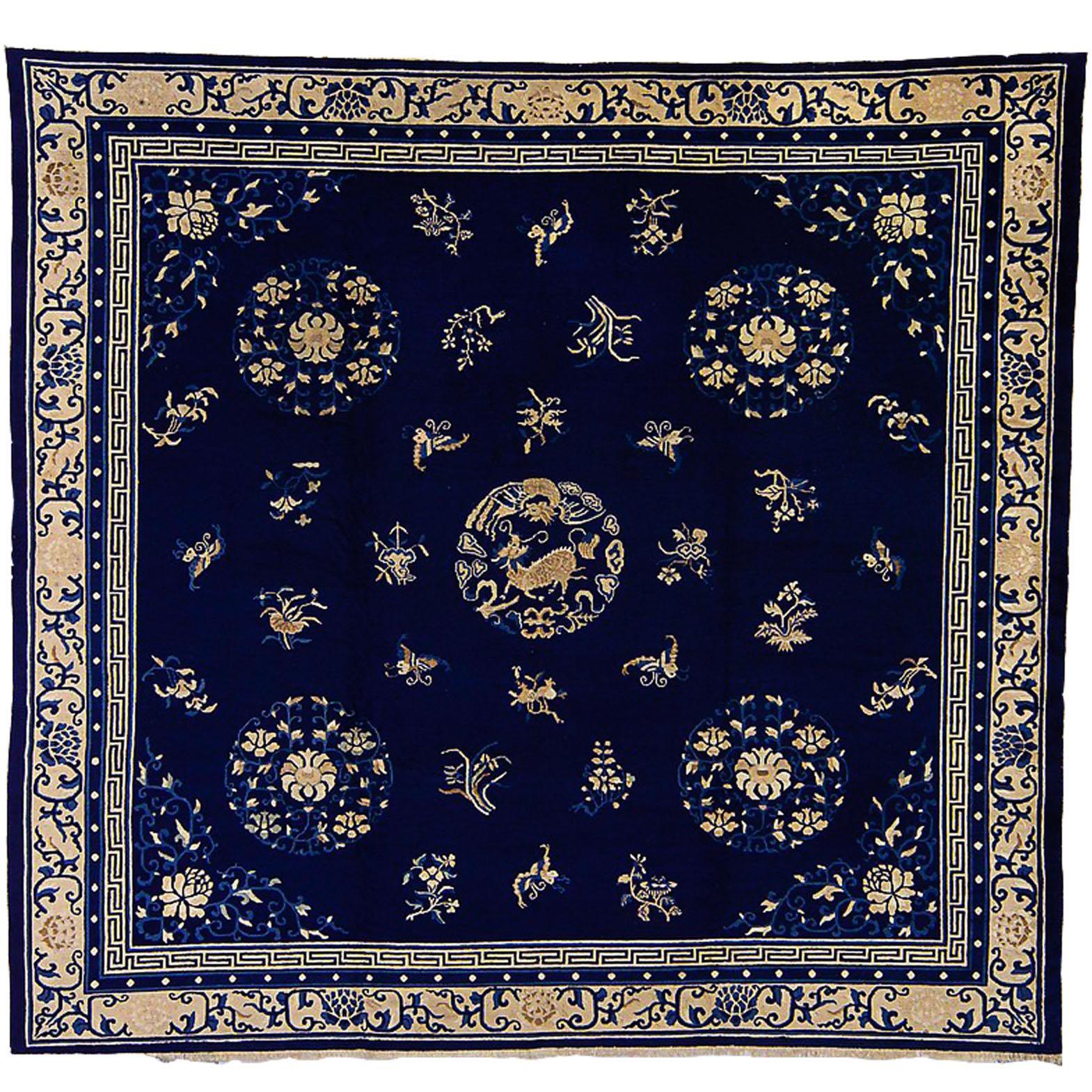 19th Century Blue White Medallion with Animals Wool Chinese Rug, circa 1870  For Sale