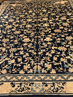 19th Century Blue & White Phoenix Floreal Pekin Chinese Rug, ca 1870