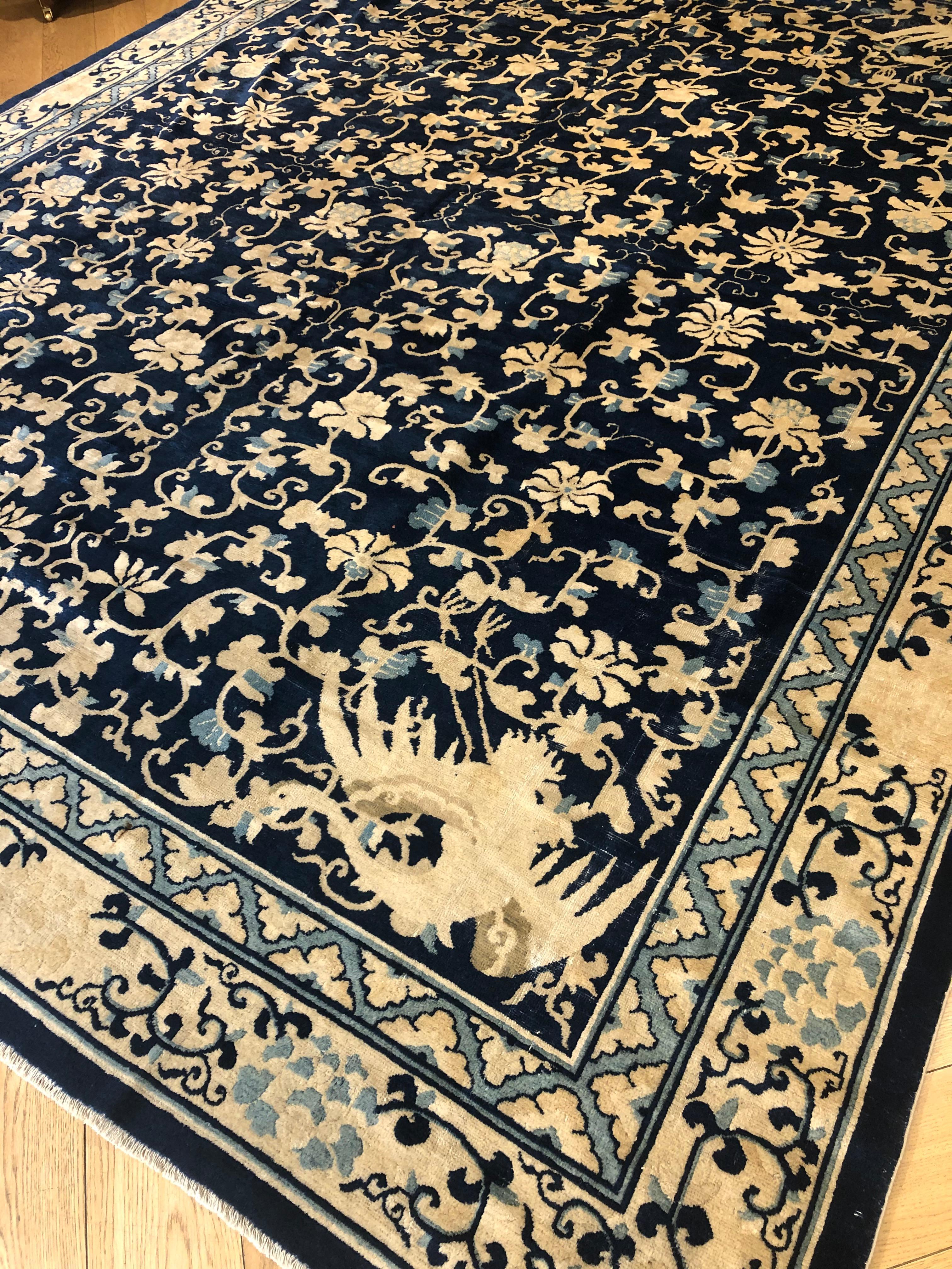 Hand-Knotted 19th Century Blue & White Phoenix Floreal Pekin Chinese Rug, ca 1870 For Sale