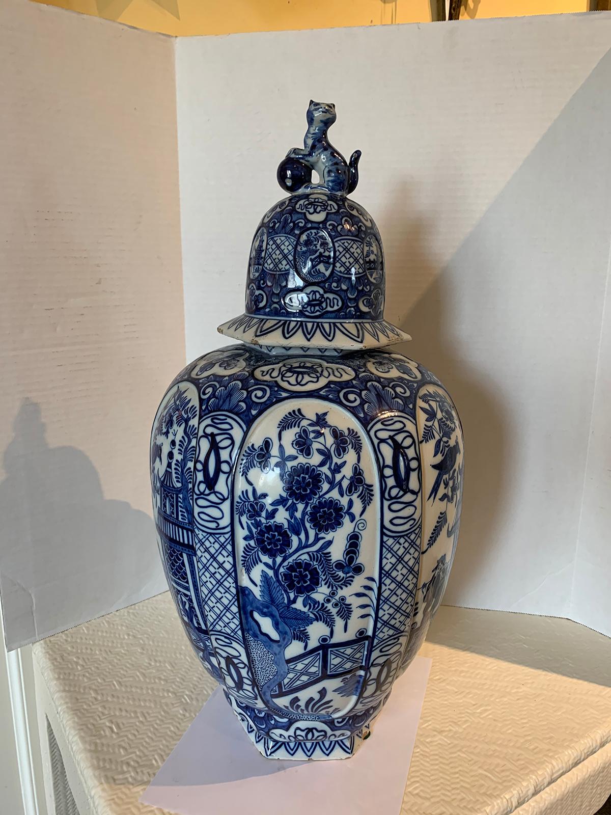 Dutch 19th Century Blue and White Porcelain Jar with Lid, Marked