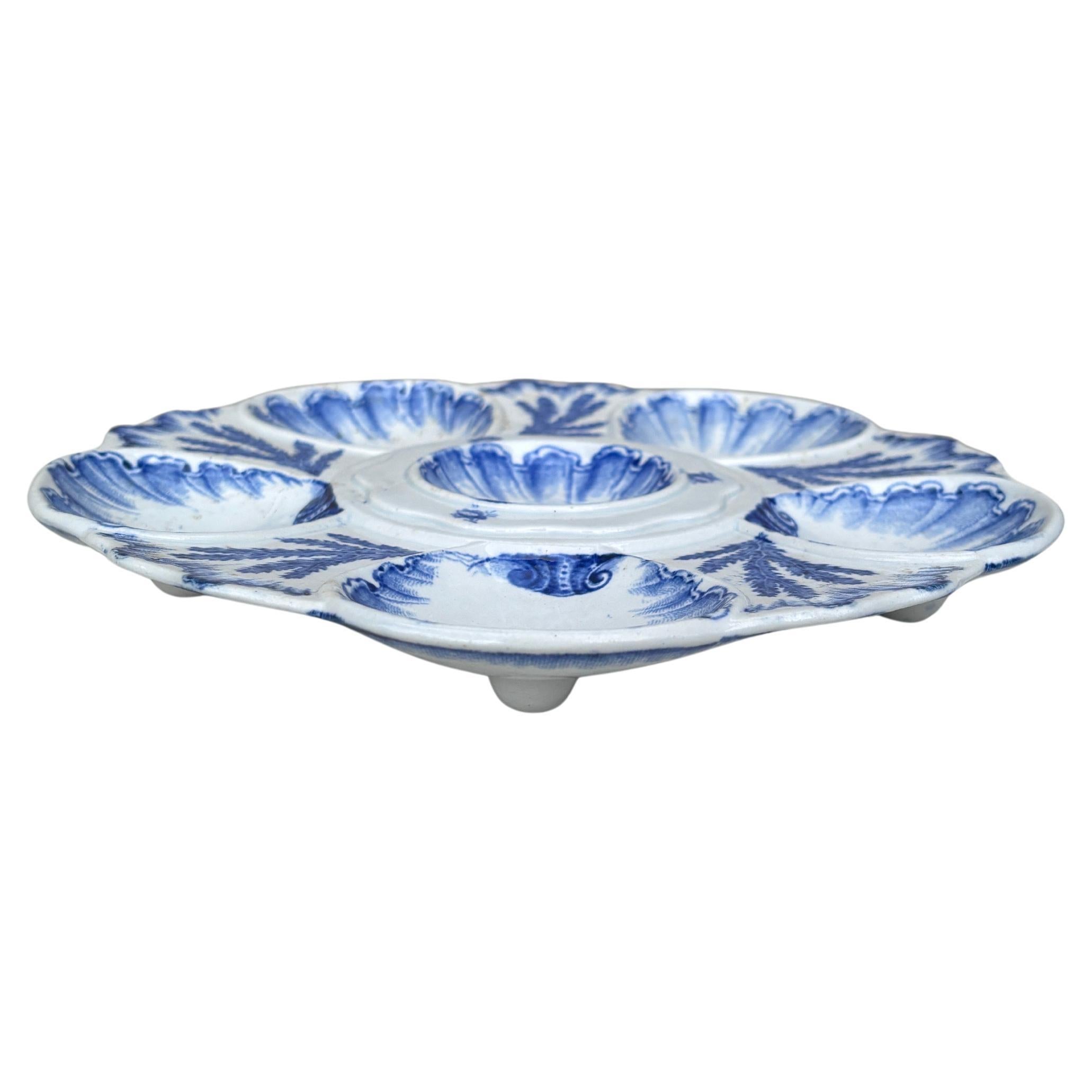 French Provincial 19th Century Blue & White Seaweeds Oyster Plate Bordeaux For Sale