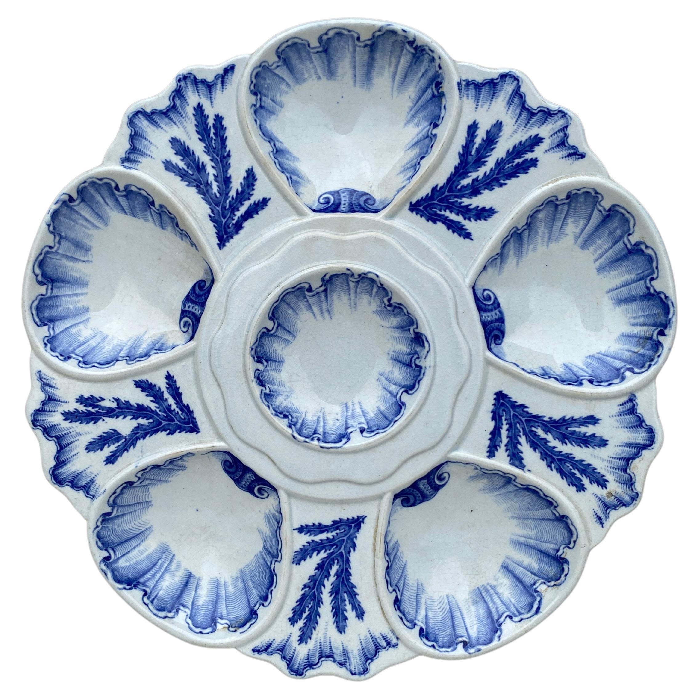Assiette à huîtres du 19e siècle, bleu et blanc, à base d'algues, Bordeaux