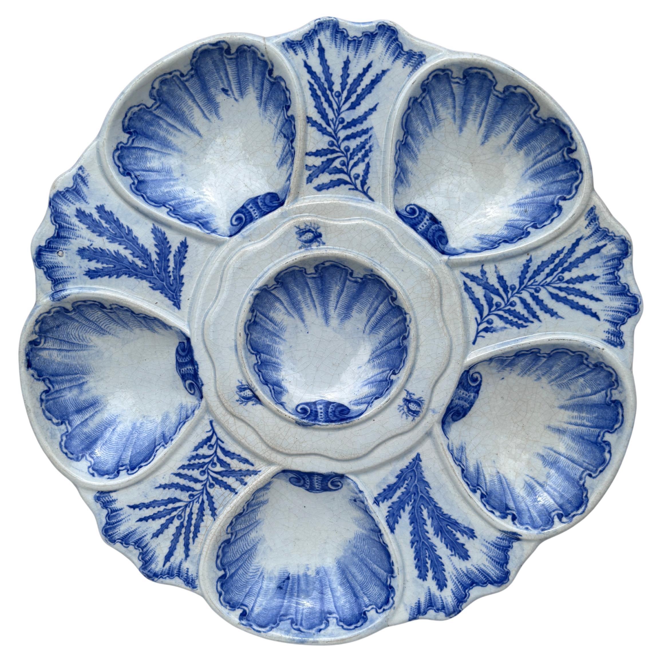 19th Century Blue & White Seaweeds Oyster Plate Bordeaux