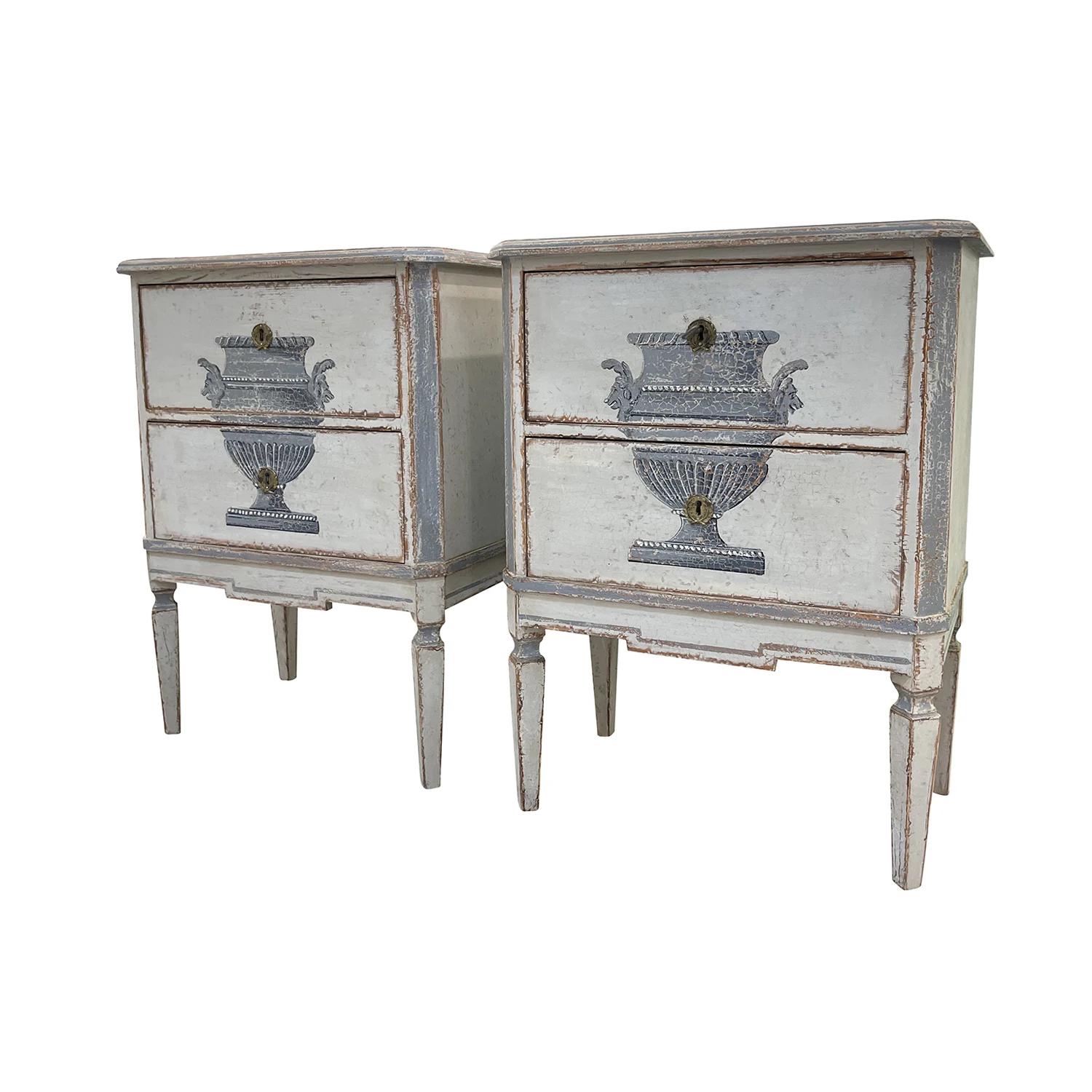 An antique Swedish Gustavian pair of nightstands made of handcrafted Pinewood, in good condition. The detailed Scandinavian bedside tables are composed with two drawers and standing on four square-pointed wooden legs. They are enhanced by painted