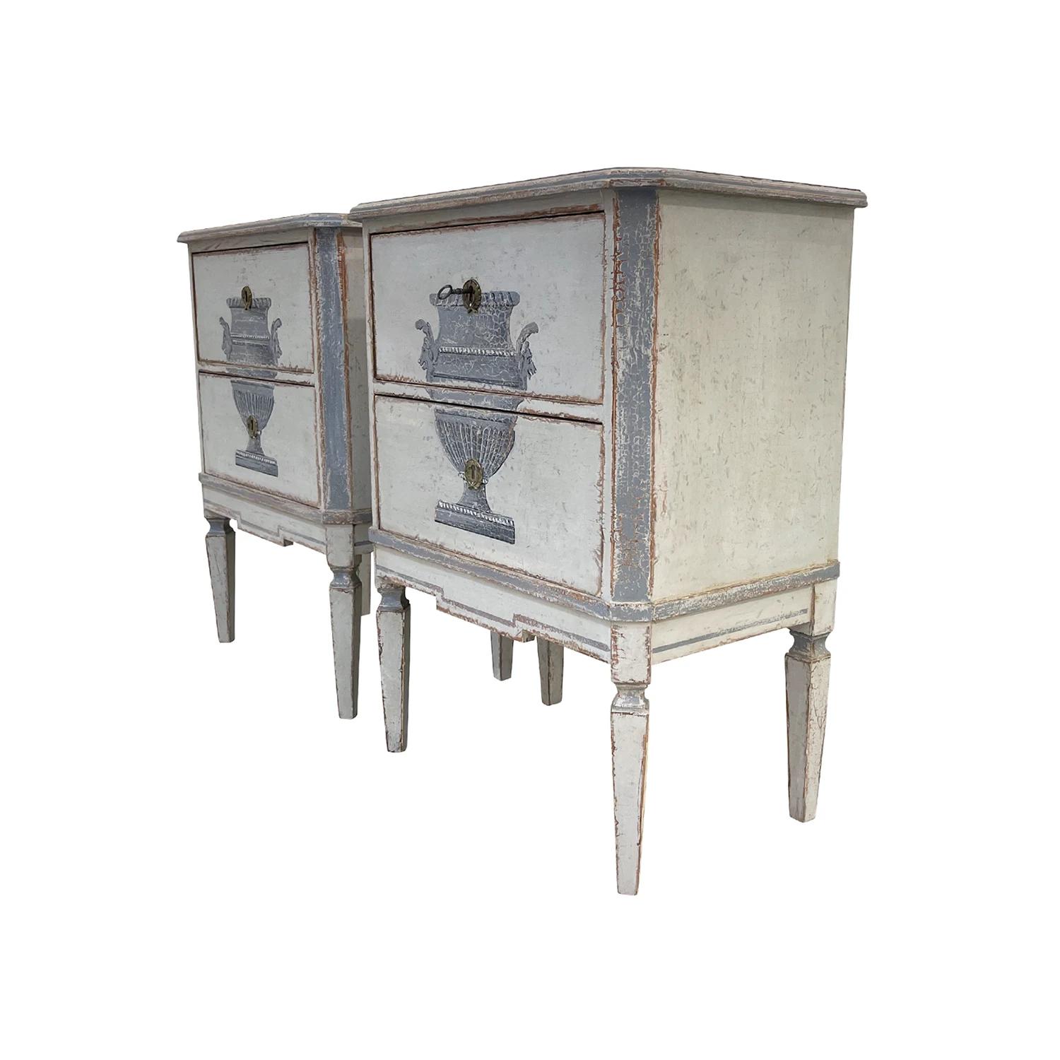 Hand-Painted 19th Century Blue-White Swedish Gustavian Antique Pinewood Nightstands For Sale
